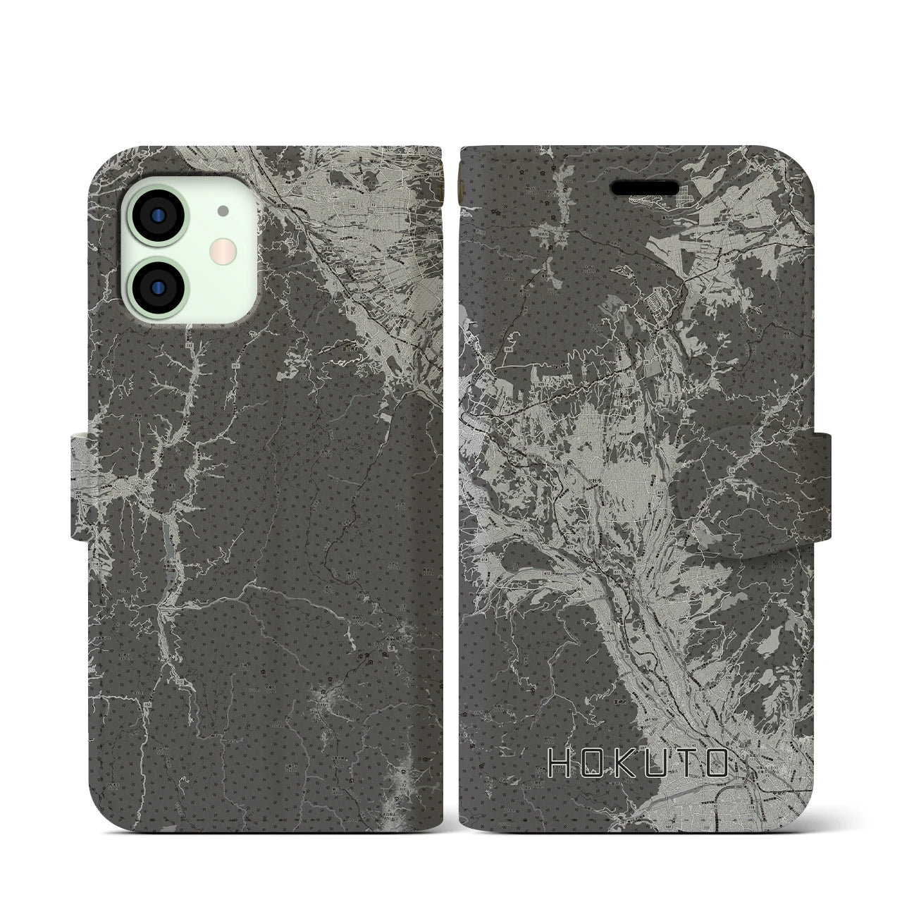 【北杜(山梨県)】地図柄iPhoneケース(手帳タイプ)モノトーン・iPhone 12 mini 用