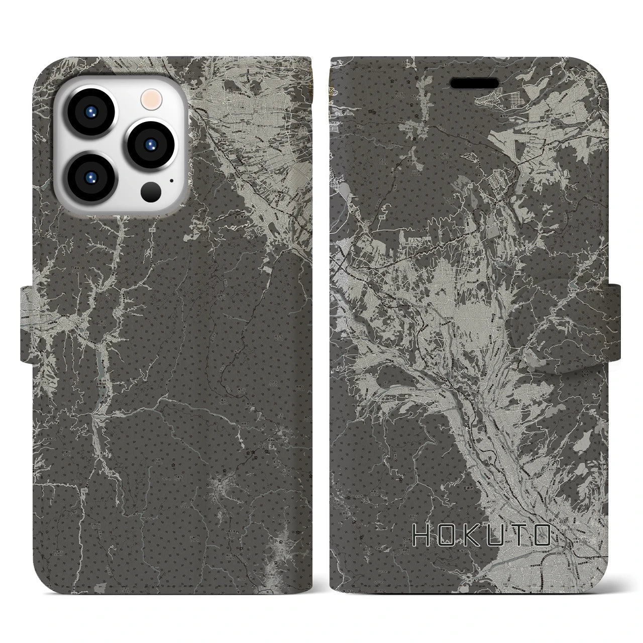 【北杜(山梨県)】地図柄iPhoneケース(手帳タイプ)モノトーン・iPhone 13 Pro 用