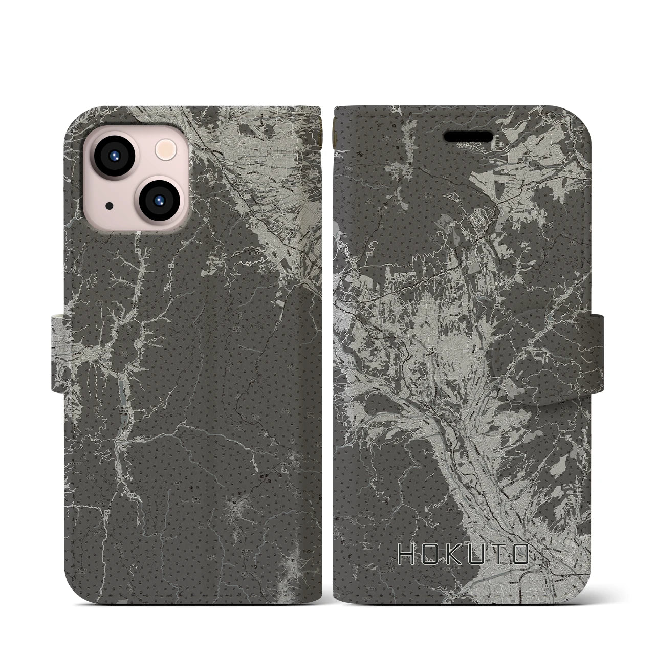 【北杜(山梨県)】地図柄iPhoneケース(手帳タイプ)モノトーン・iPhone 13 mini 用