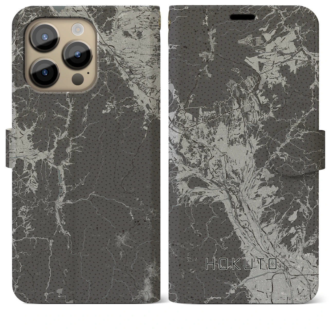 【北杜(山梨県)】地図柄iPhoneケース(手帳タイプ)モノトーン・iPhone 14 Pro Max 用