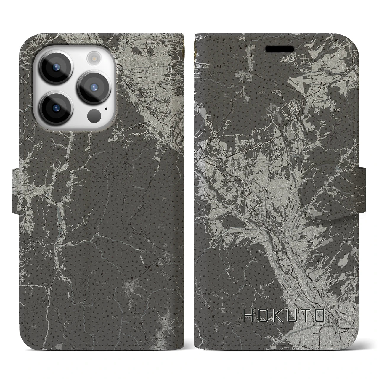 【北杜(山梨県)】地図柄iPhoneケース(手帳タイプ)モノトーン・iPhone 14 Pro 用