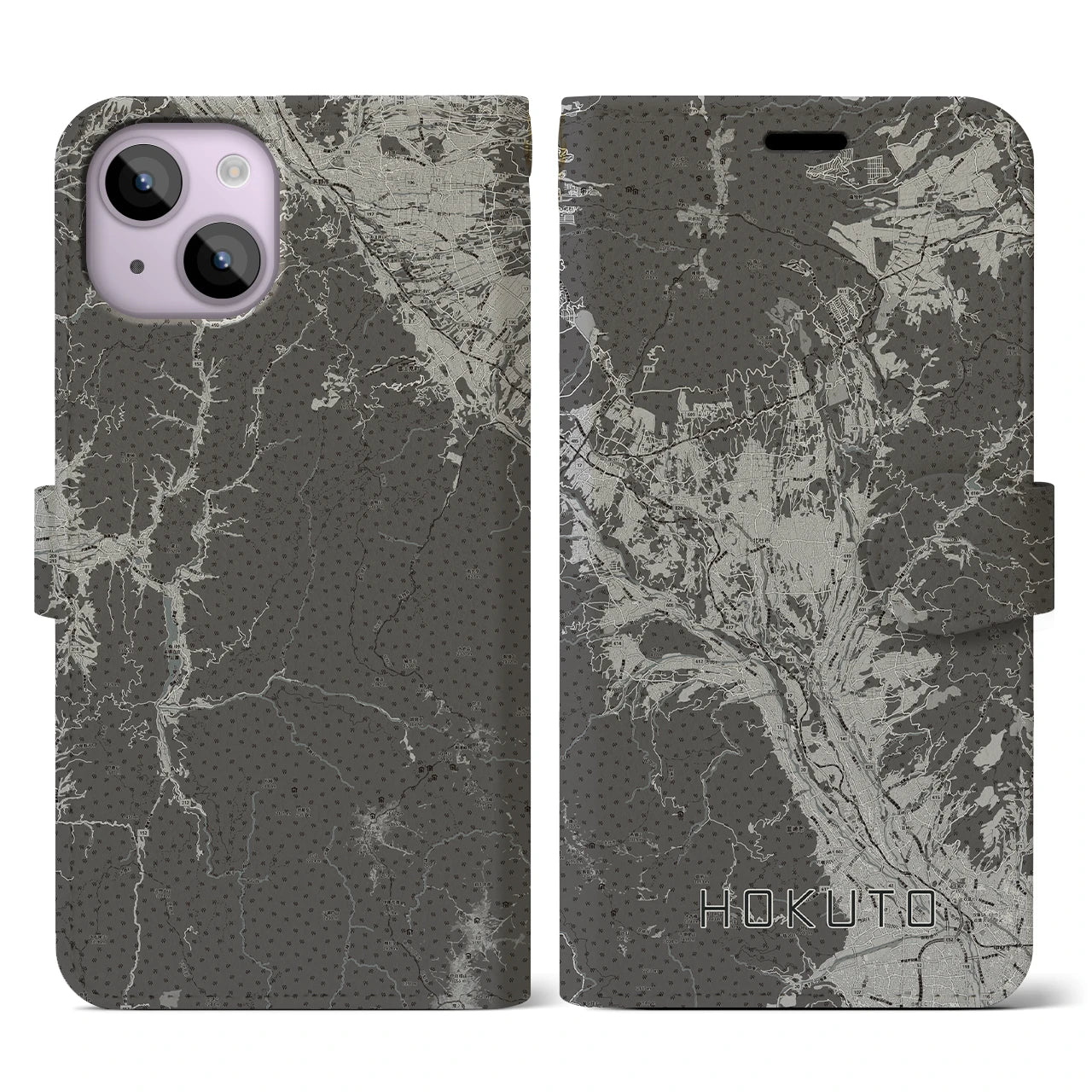 【北杜(山梨県)】地図柄iPhoneケース(手帳タイプ)モノトーン・iPhone 14 用