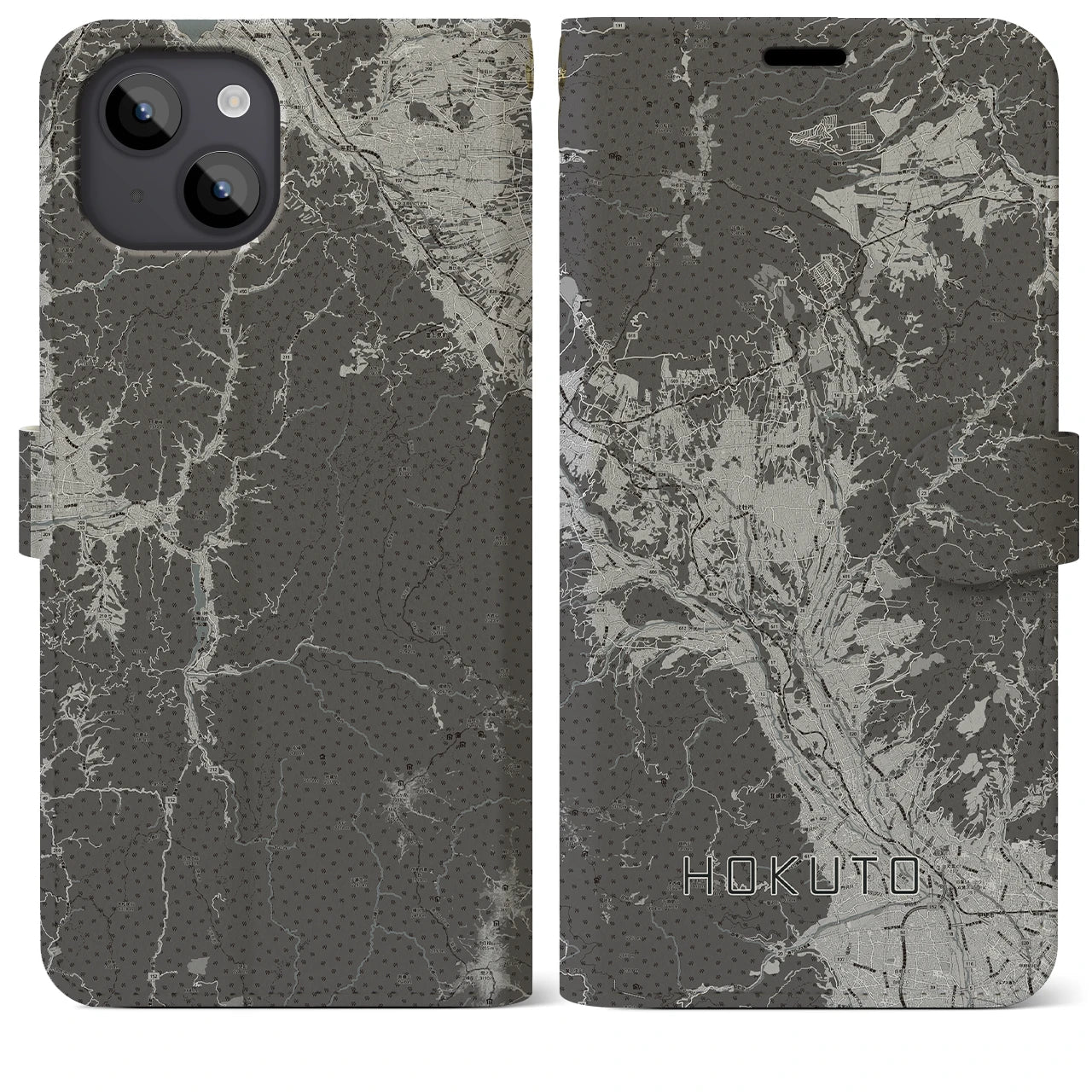 【北杜(山梨県)】地図柄iPhoneケース(手帳タイプ)モノトーン・iPhone 14 Plus 用