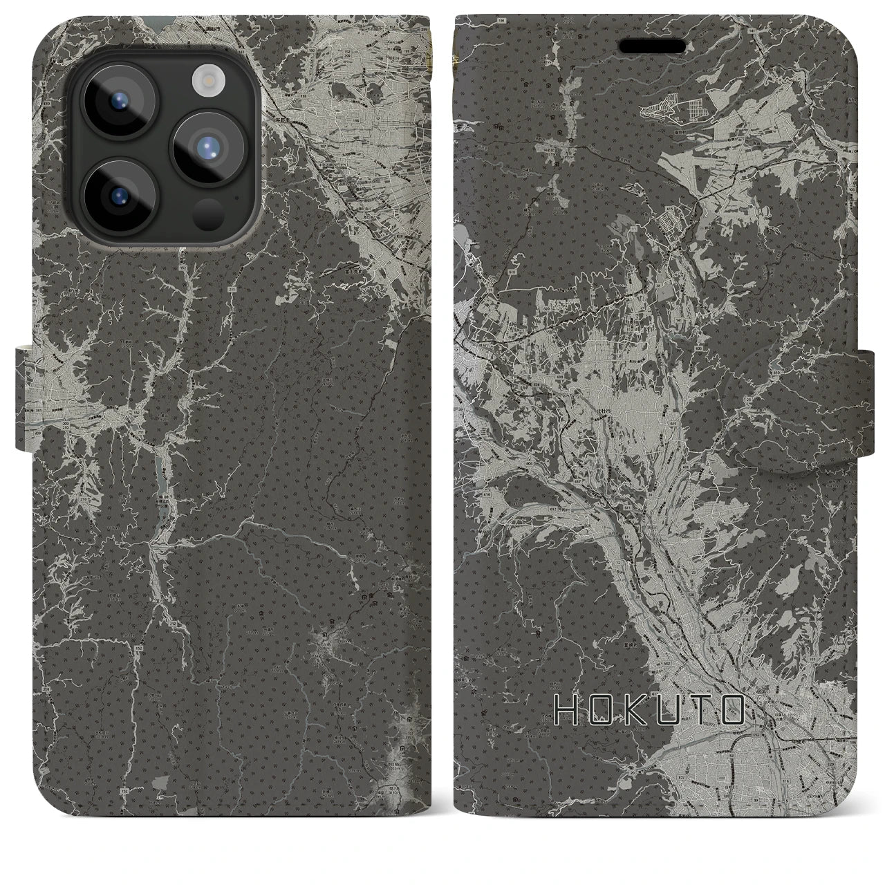 【北杜(山梨県)】地図柄iPhoneケース(手帳タイプ)モノトーン・iPhone 15 Pro Max 用