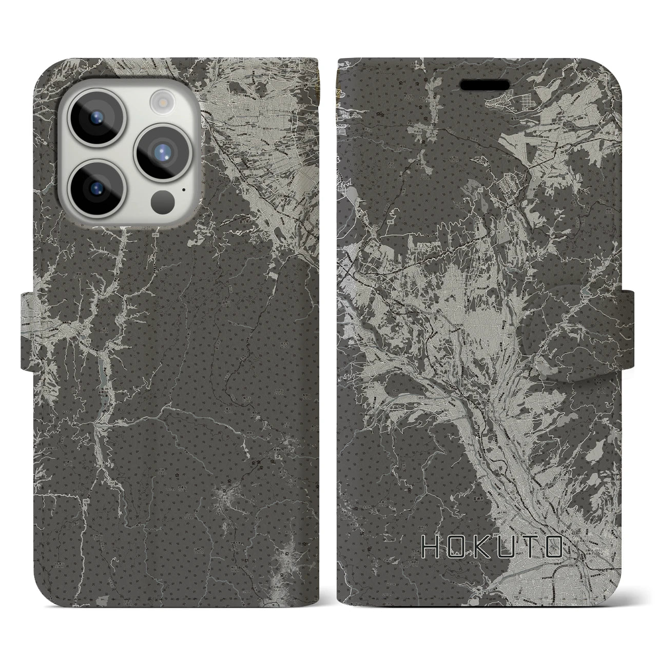 【北杜(山梨県)】地図柄iPhoneケース(手帳タイプ)モノトーン・iPhone 15 Pro 用