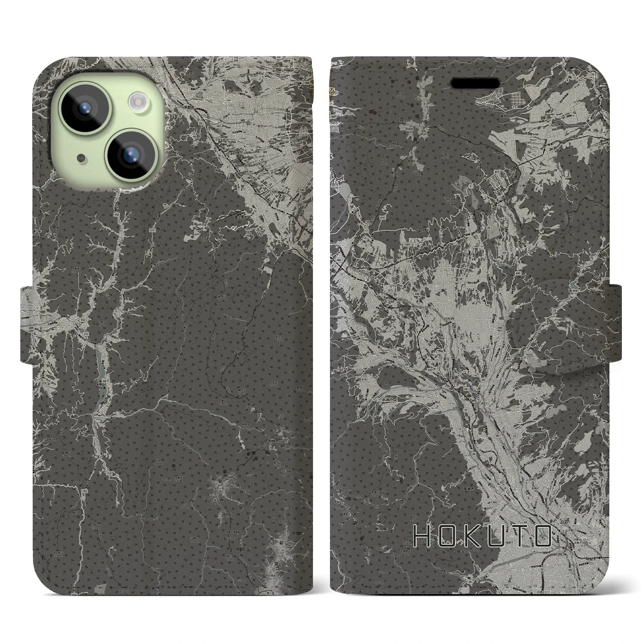 【北杜(山梨県)】地図柄iPhoneケース(手帳タイプ)モノトーン・iPhone 15 用