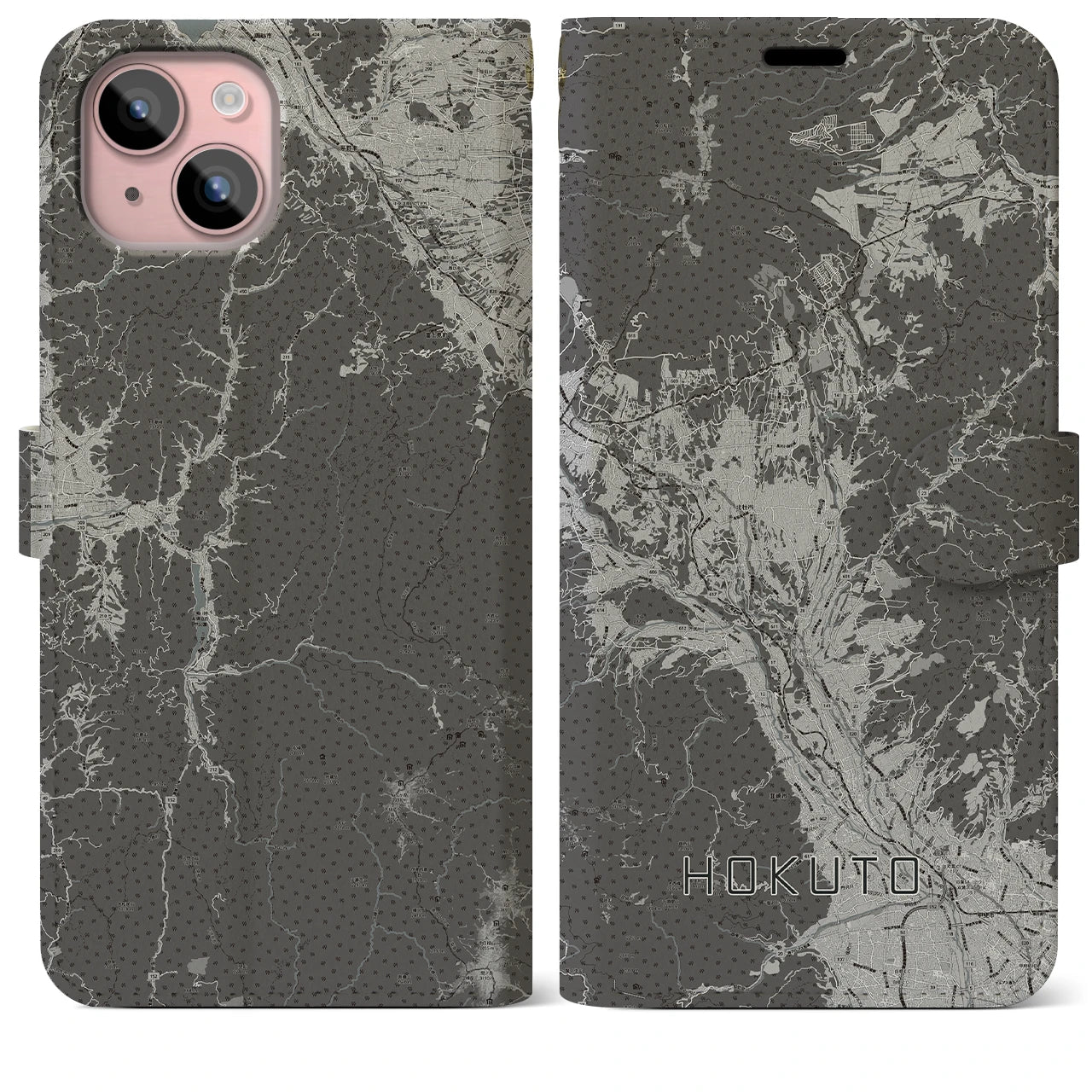 【北杜(山梨県)】地図柄iPhoneケース(手帳タイプ)モノトーン・iPhone 15 Plus 用
