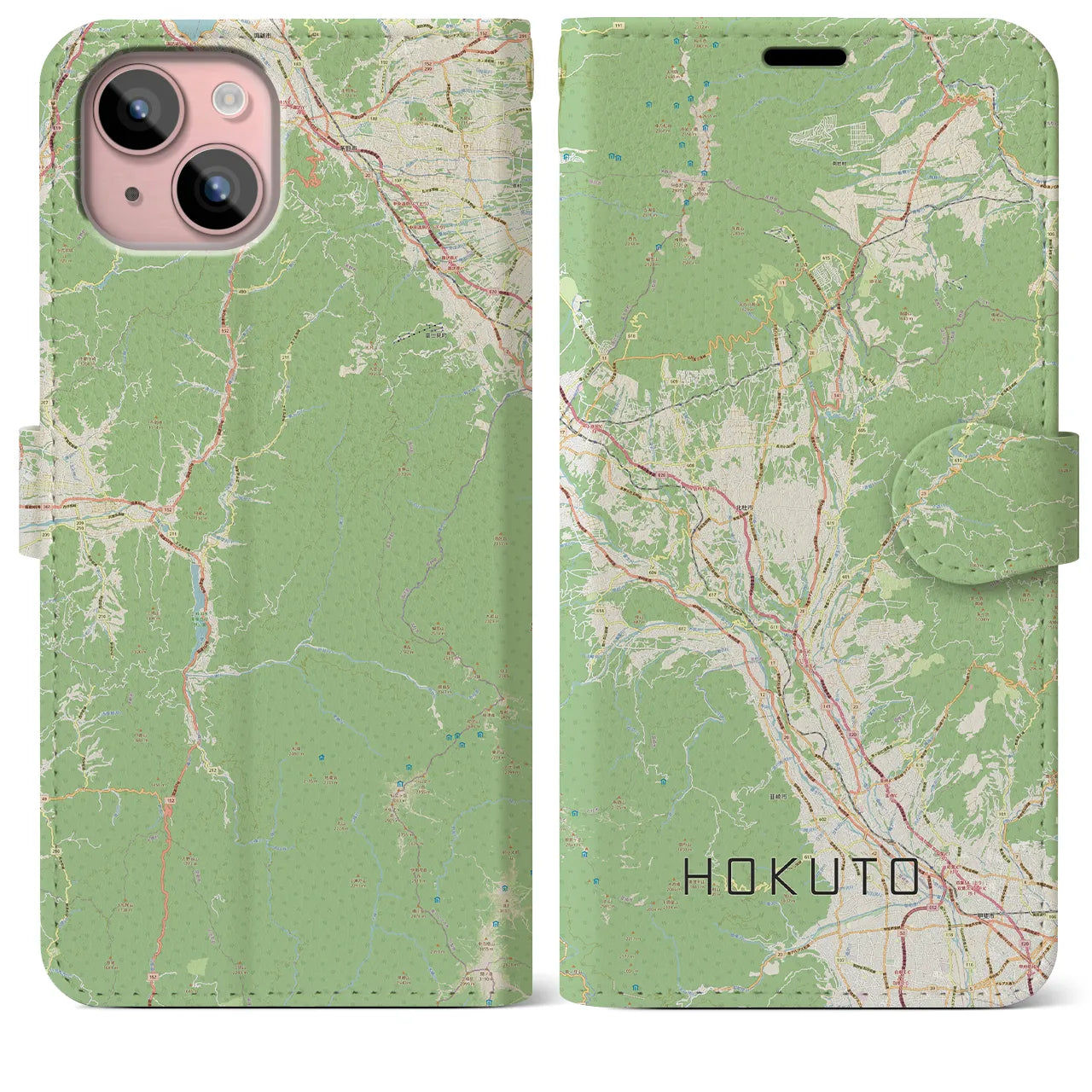 【北杜(山梨県)】地図柄iPhoneケース(手帳タイプ)ナチュラル・iPhone 15 Plus 用