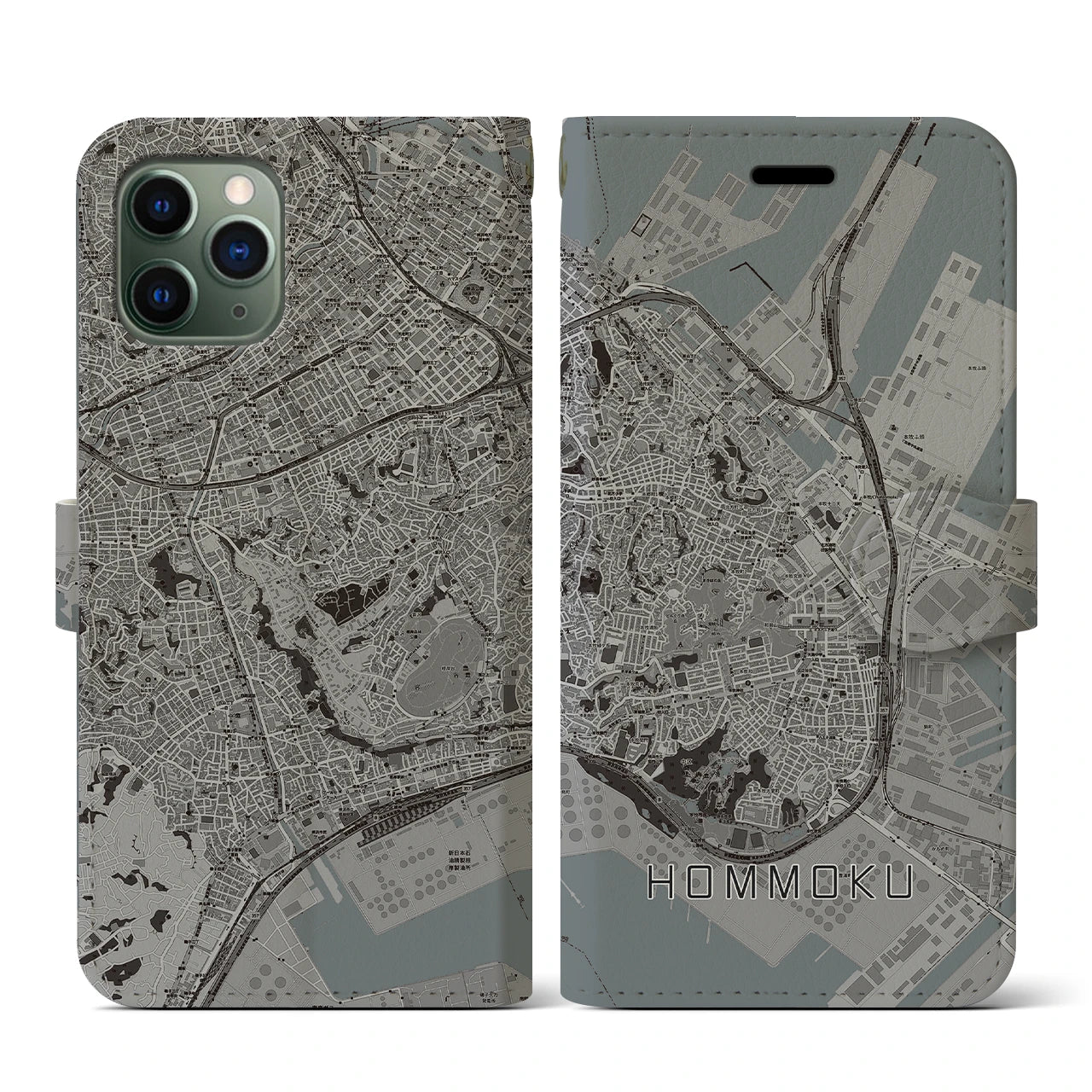 【本牧(神奈川県)】地図柄iPhoneケース(手帳タイプ)モノトーン・iPhone 11 Pro 用
