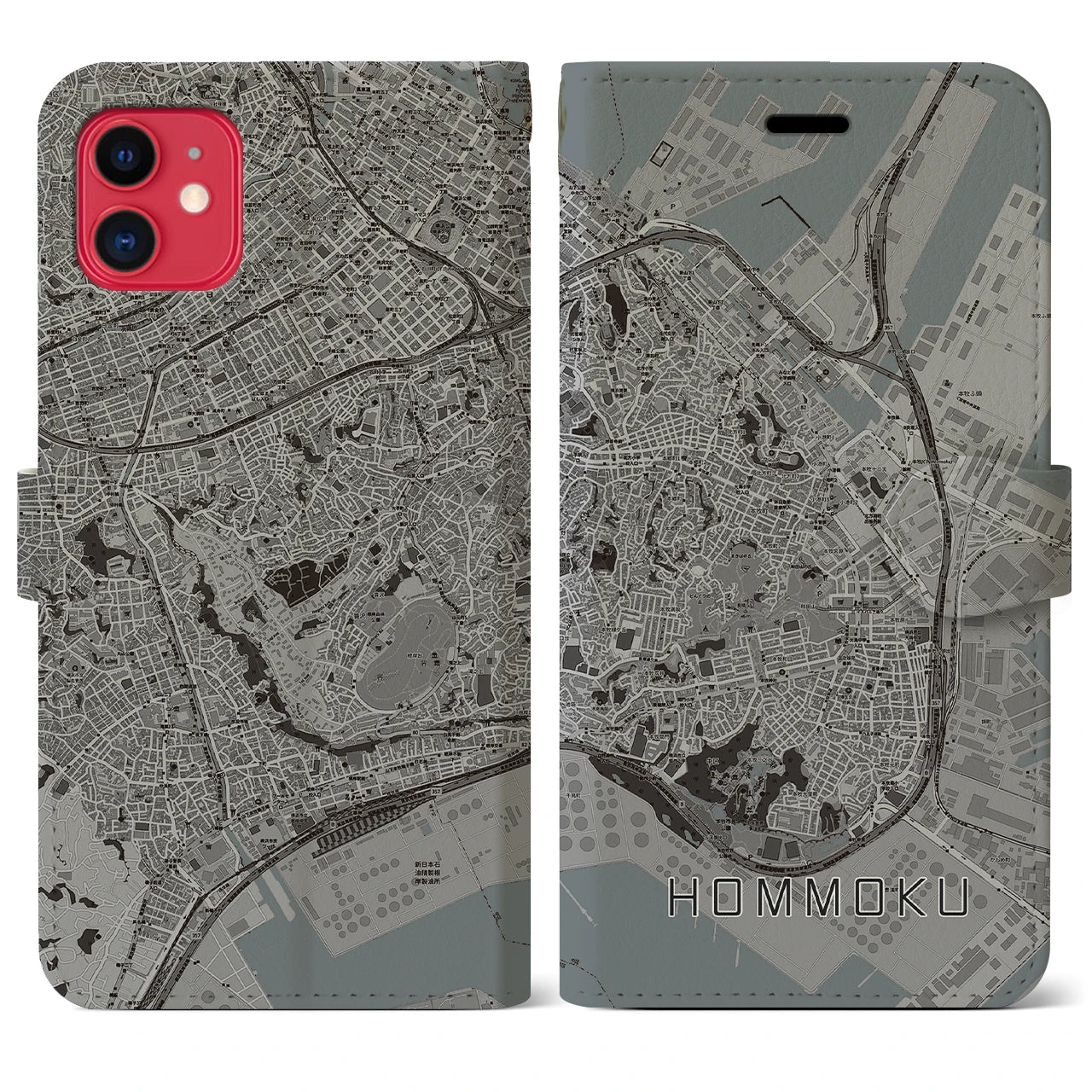 【本牧(神奈川県)】地図柄iPhoneケース(手帳タイプ)モノトーン・iPhone 11 用