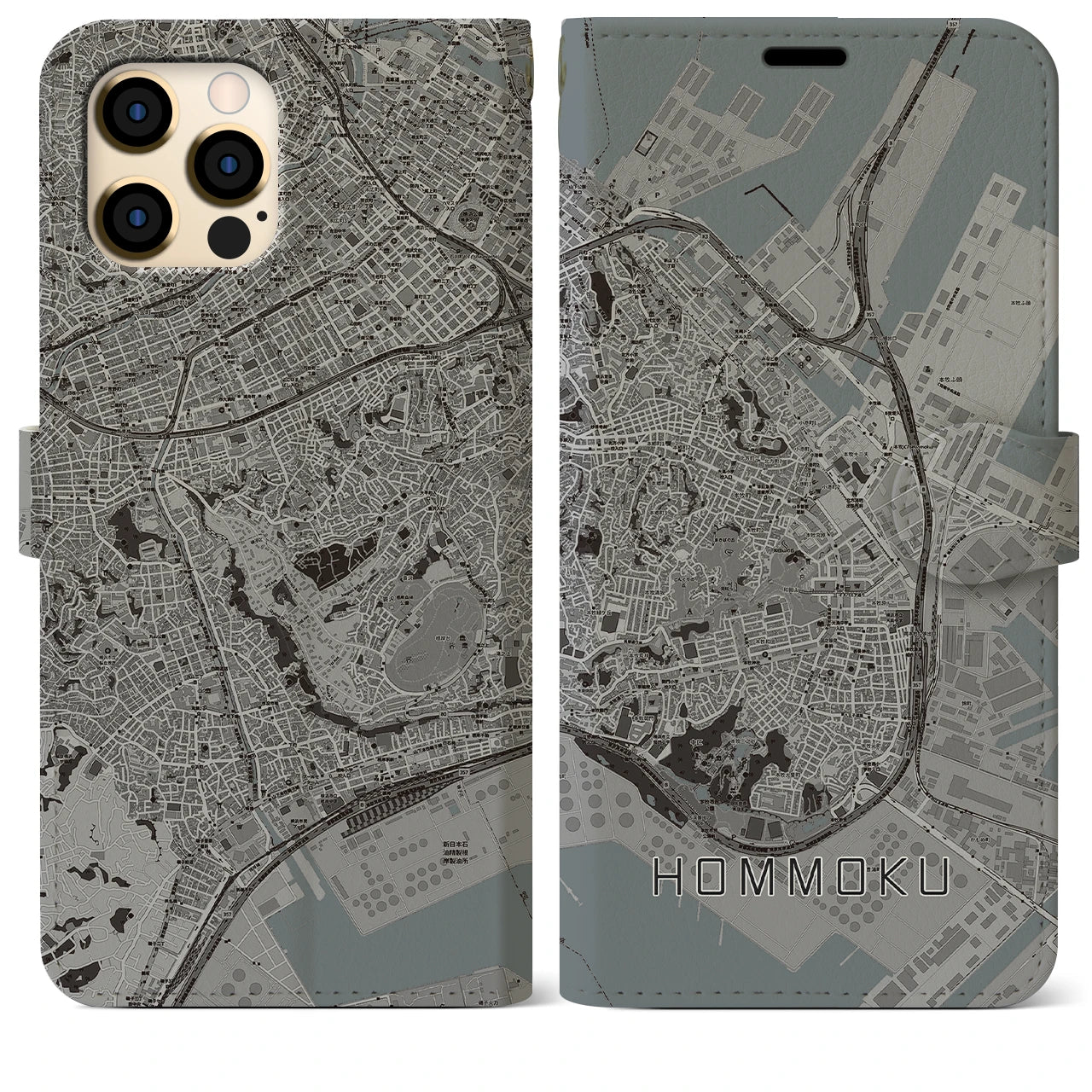 【本牧(神奈川県)】地図柄iPhoneケース(手帳タイプ)モノトーン・iPhone 12 Pro Max 用