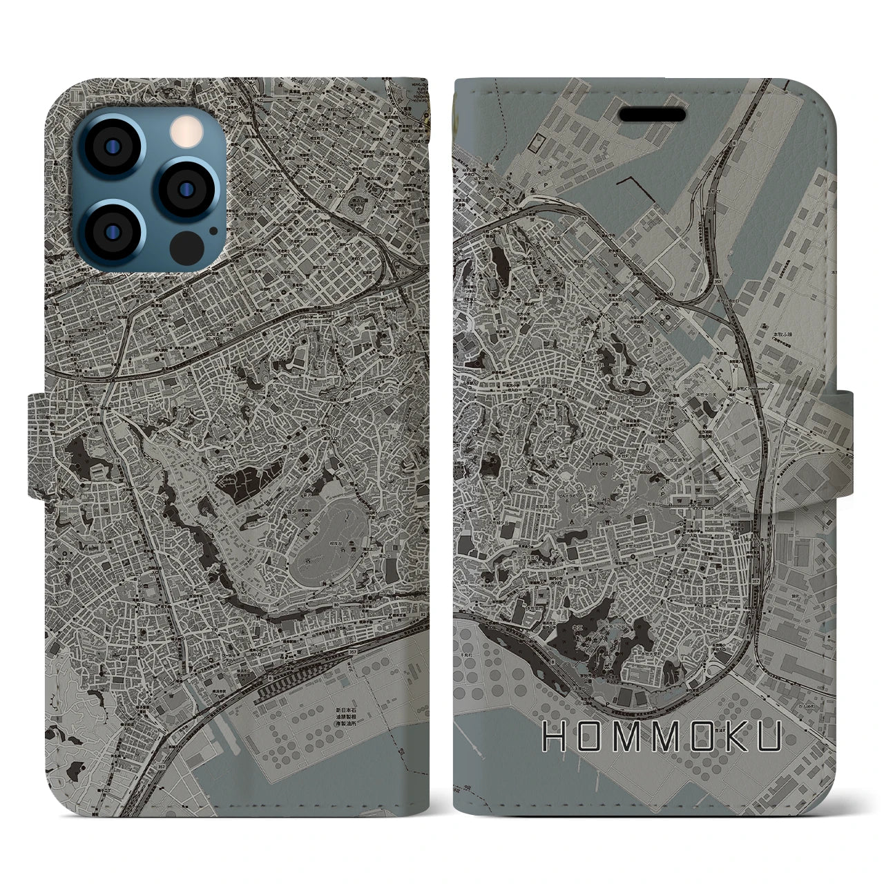 【本牧(神奈川県)】地図柄iPhoneケース(手帳タイプ)モノトーン・iPhone 12 / 12 Pro 用