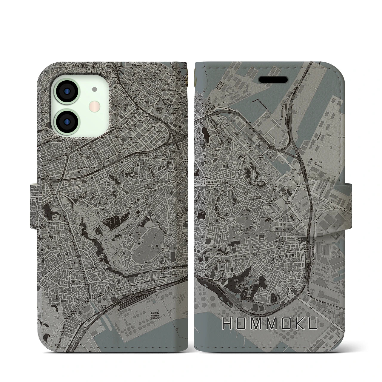 【本牧(神奈川県)】地図柄iPhoneケース(手帳タイプ)モノトーン・iPhone 12 mini 用