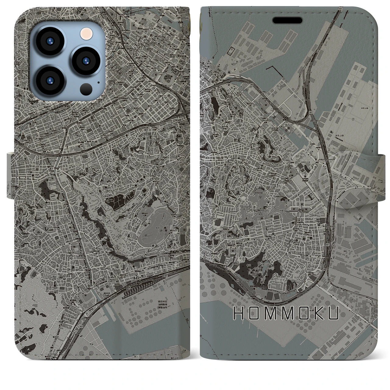 【本牧(神奈川県)】地図柄iPhoneケース(手帳タイプ)モノトーン・iPhone 13 Pro Max 用