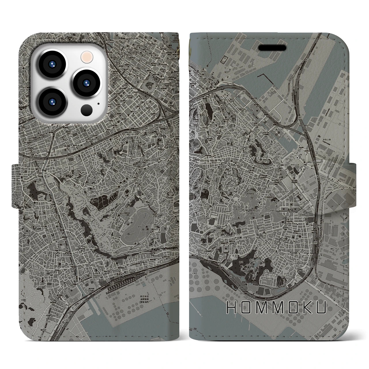 【本牧(神奈川県)】地図柄iPhoneケース(手帳タイプ)モノトーン・iPhone 13 Pro 用