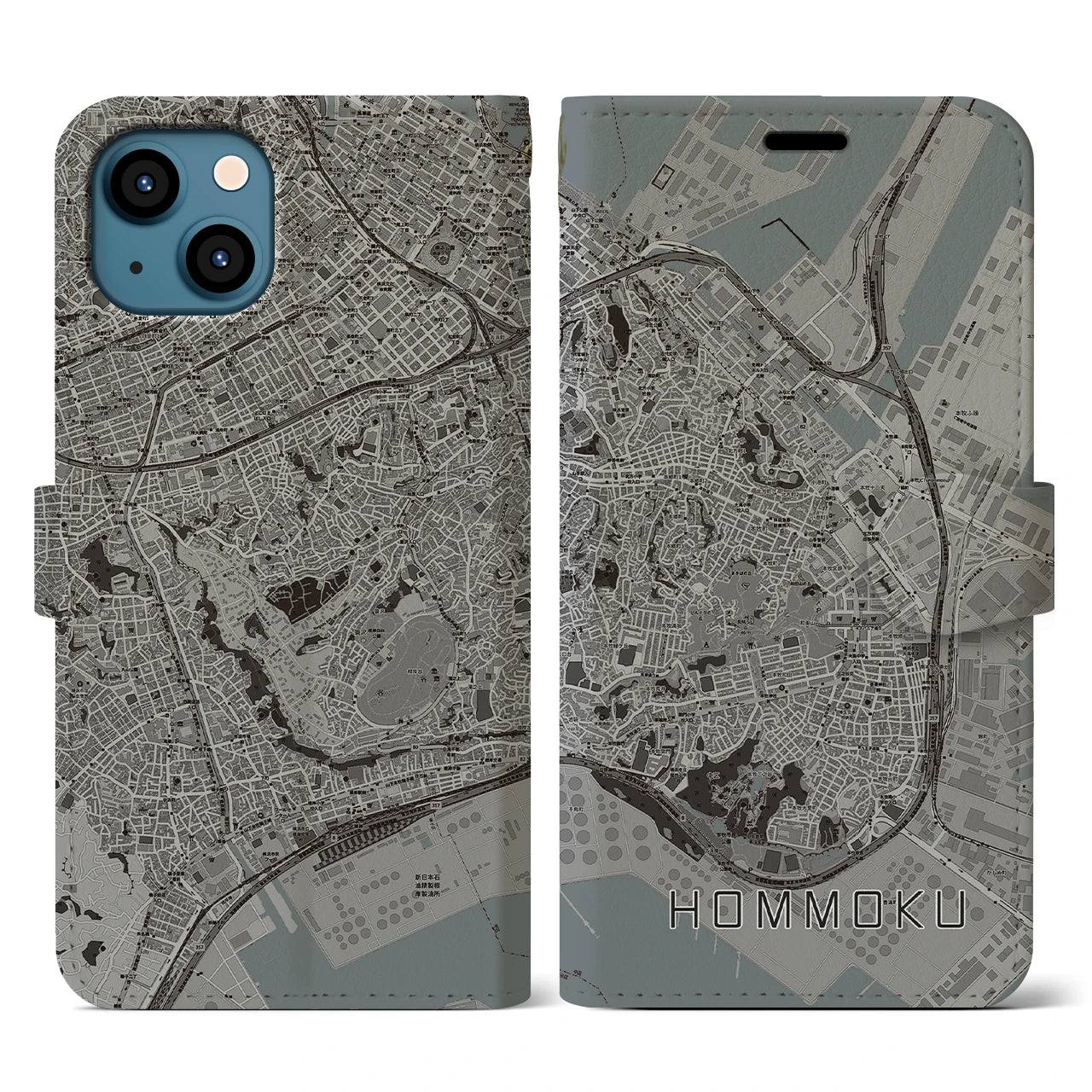 【本牧(神奈川県)】地図柄iPhoneケース(手帳タイプ)モノトーン・iPhone 13 用