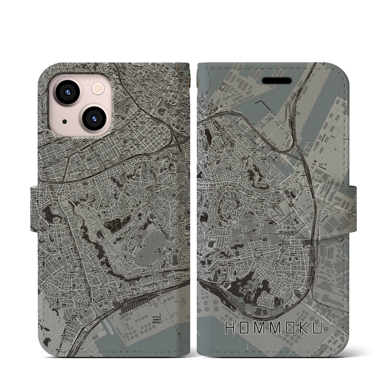 【本牧(神奈川県)】地図柄iPhoneケース(手帳タイプ)モノトーン・iPhone 13 mini 用
