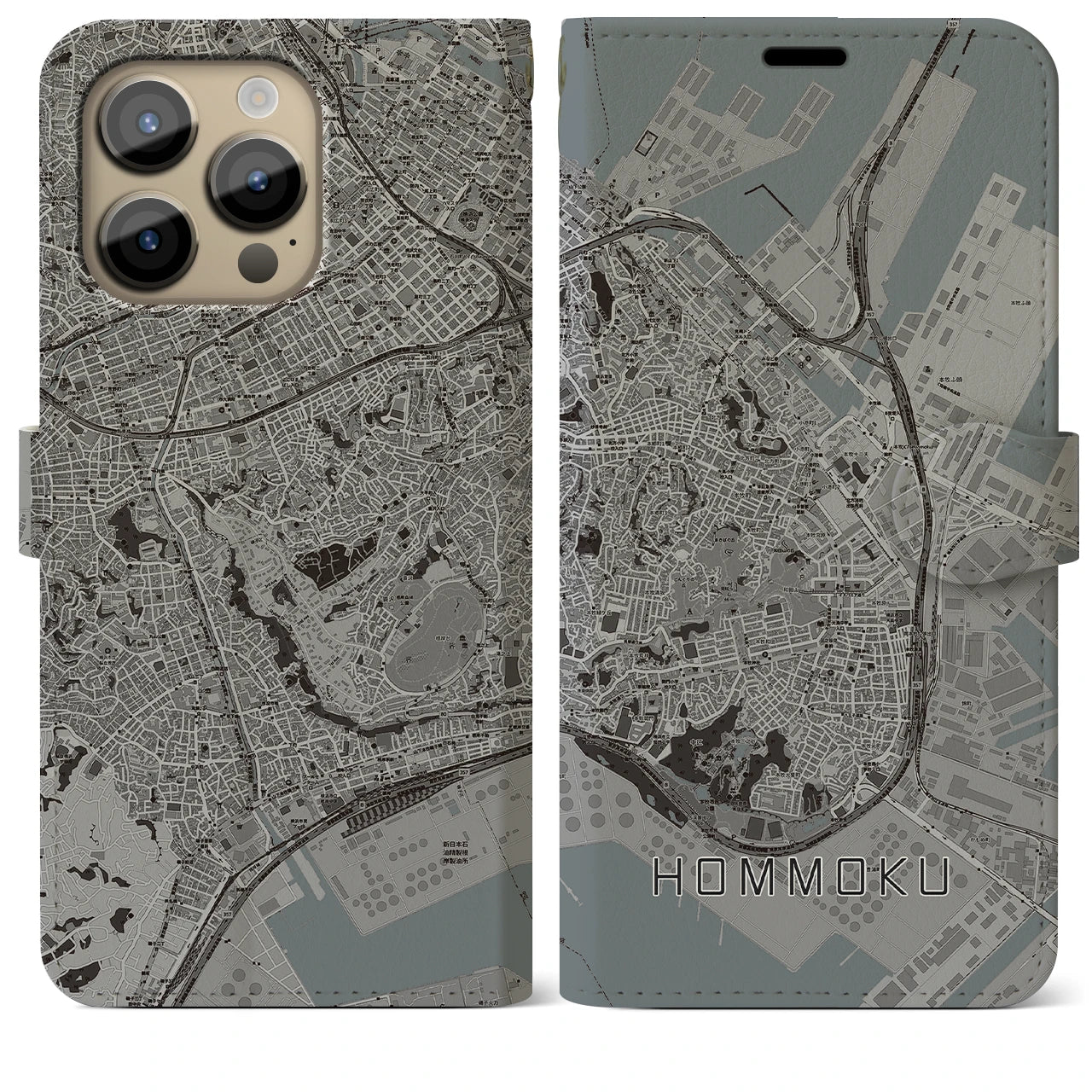 【本牧(神奈川県)】地図柄iPhoneケース(手帳タイプ)モノトーン・iPhone 14 Pro Max 用
