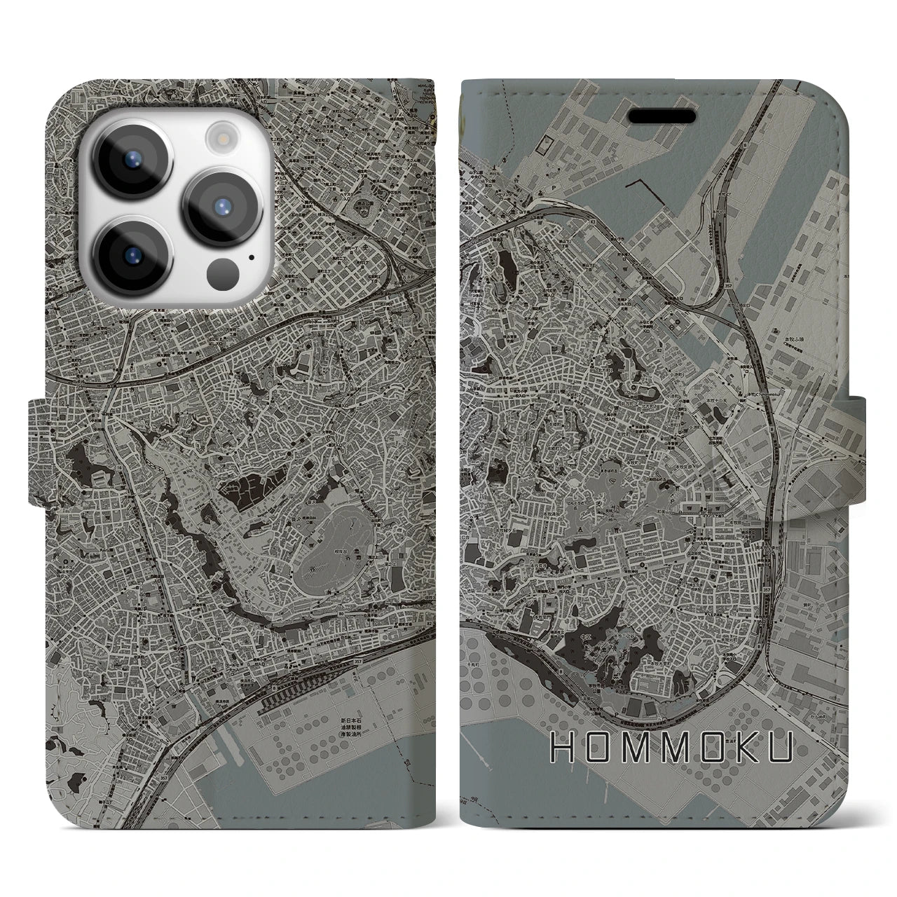 【本牧(神奈川県)】地図柄iPhoneケース(手帳タイプ)モノトーン・iPhone 14 Pro 用