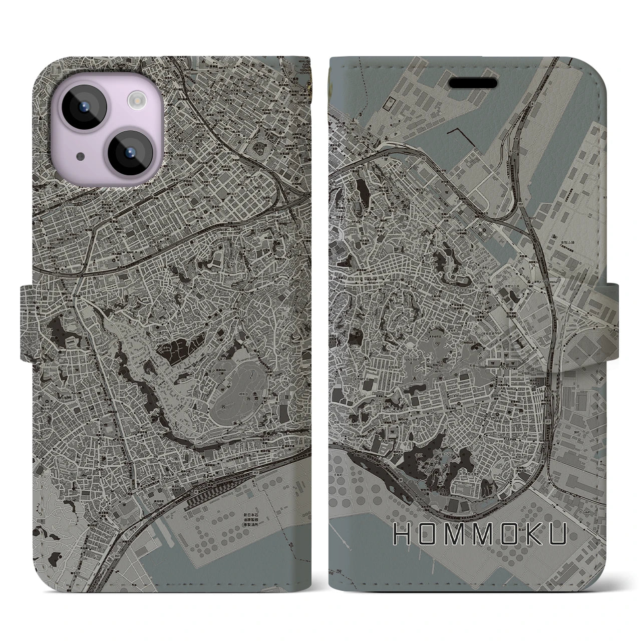【本牧(神奈川県)】地図柄iPhoneケース(手帳タイプ)モノトーン・iPhone 14 用
