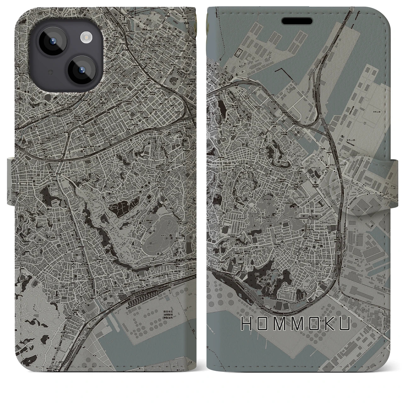 【本牧(神奈川県)】地図柄iPhoneケース(手帳タイプ)モノトーン・iPhone 14 Plus 用