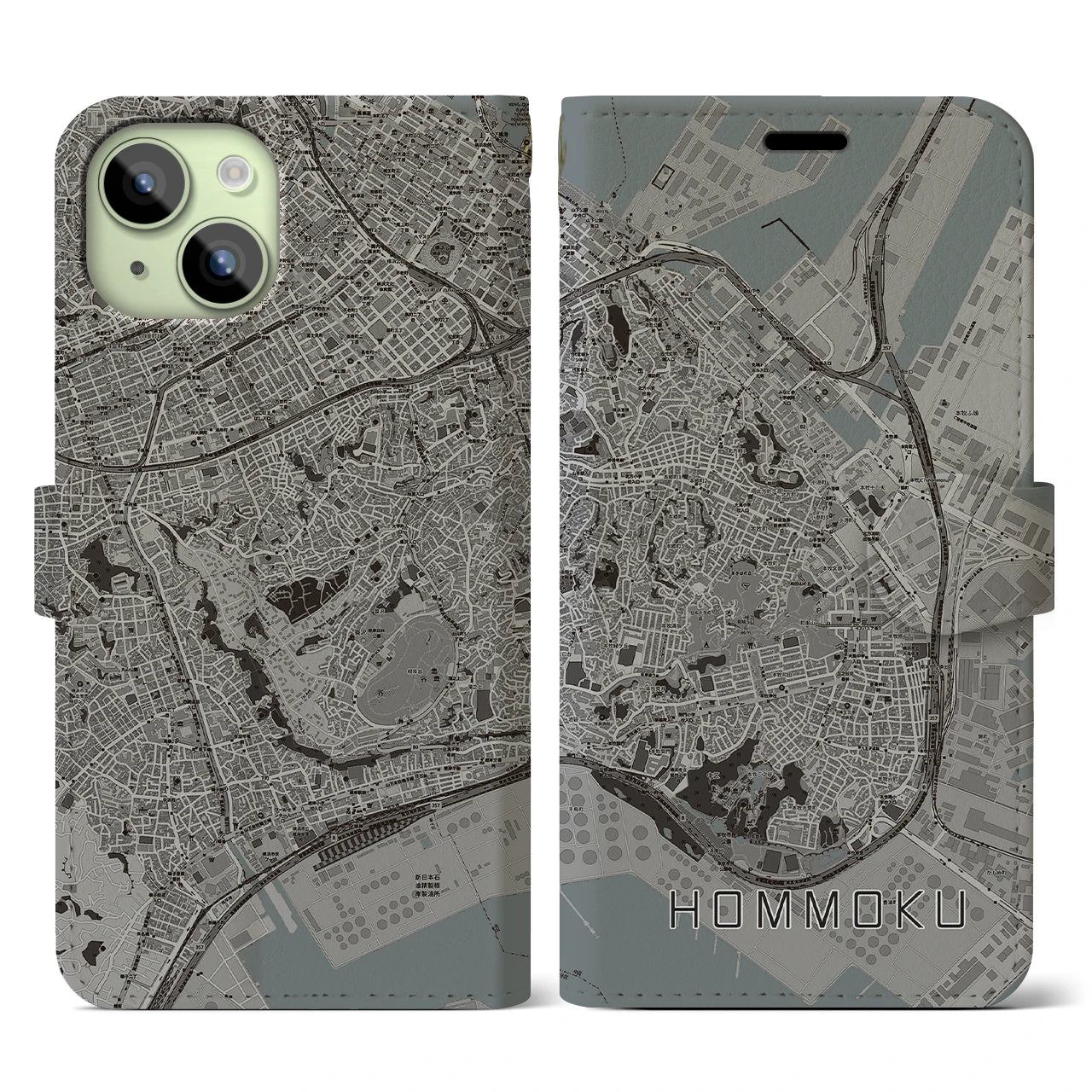 【本牧(神奈川県)】地図柄iPhoneケース(手帳タイプ)モノトーン・iPhone 15 用