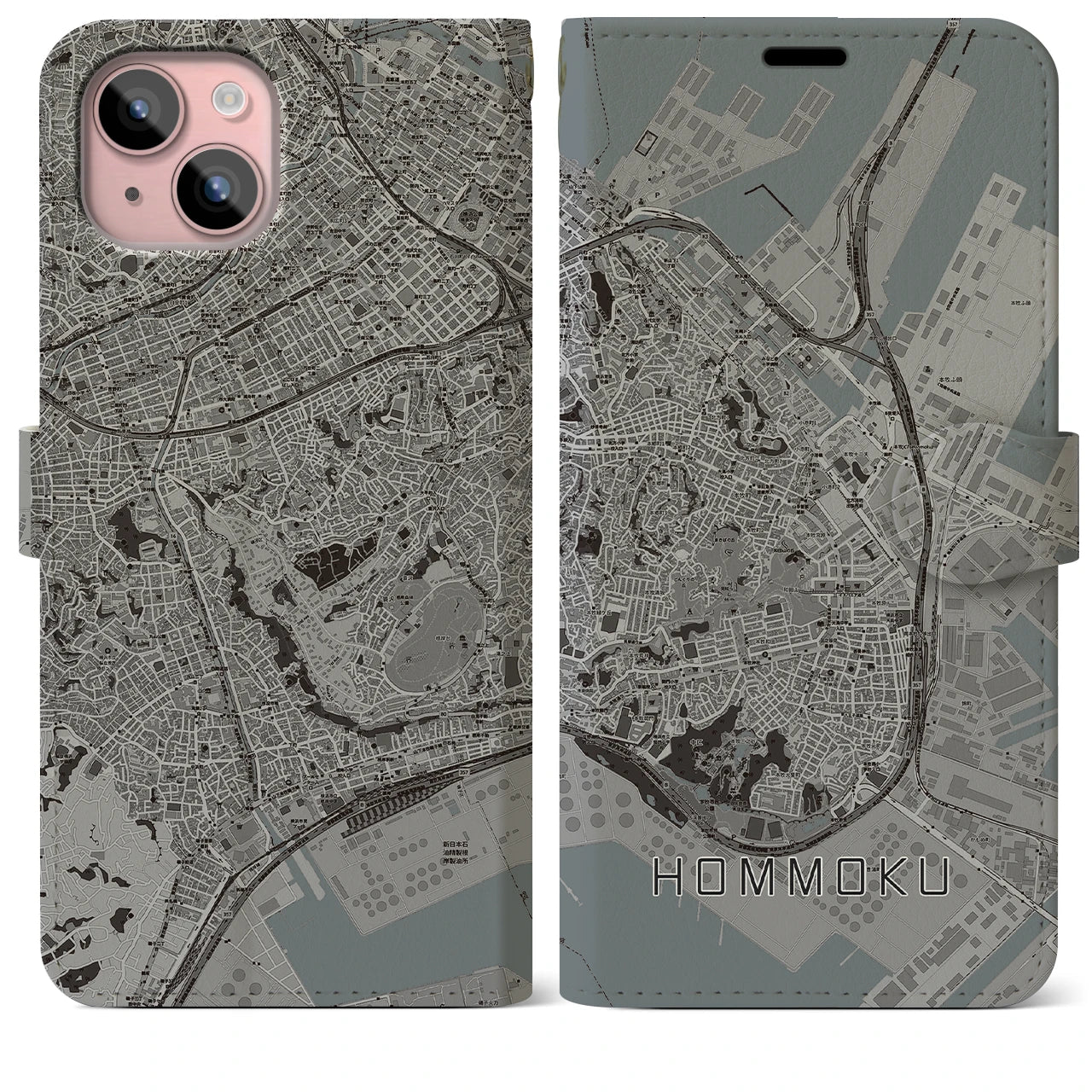 【本牧(神奈川県)】地図柄iPhoneケース(手帳タイプ)モノトーン・iPhone 15 Plus 用