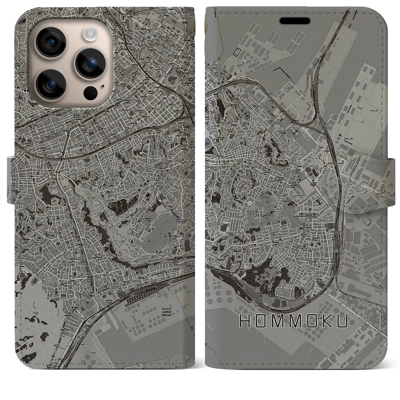 【本牧(神奈川県)】地図柄iPhoneケース(手帳タイプ)モノトーン・iPhone 16 Plus 用