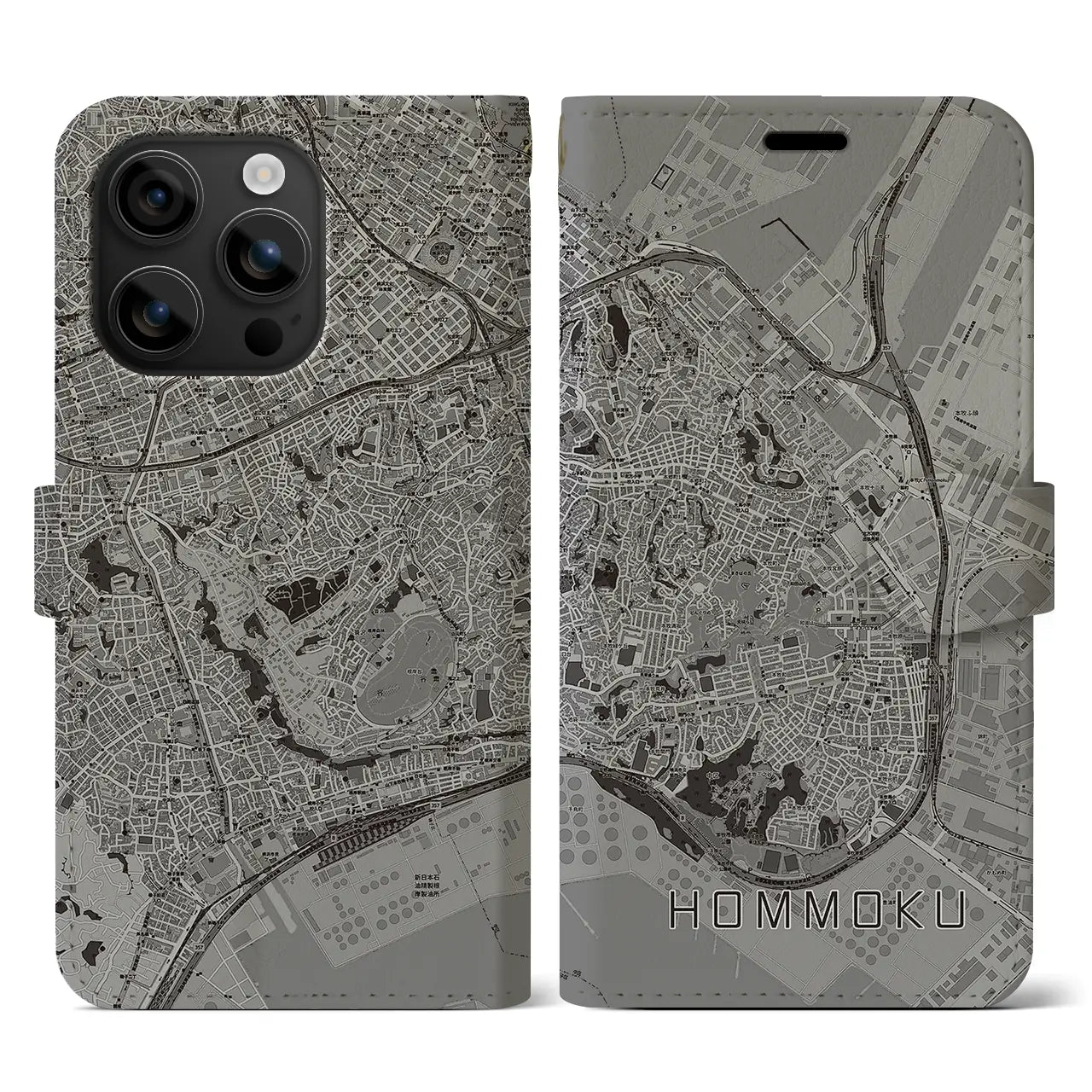 【本牧(神奈川県)】地図柄iPhoneケース(手帳タイプ)モノトーン・iPhone 16 用