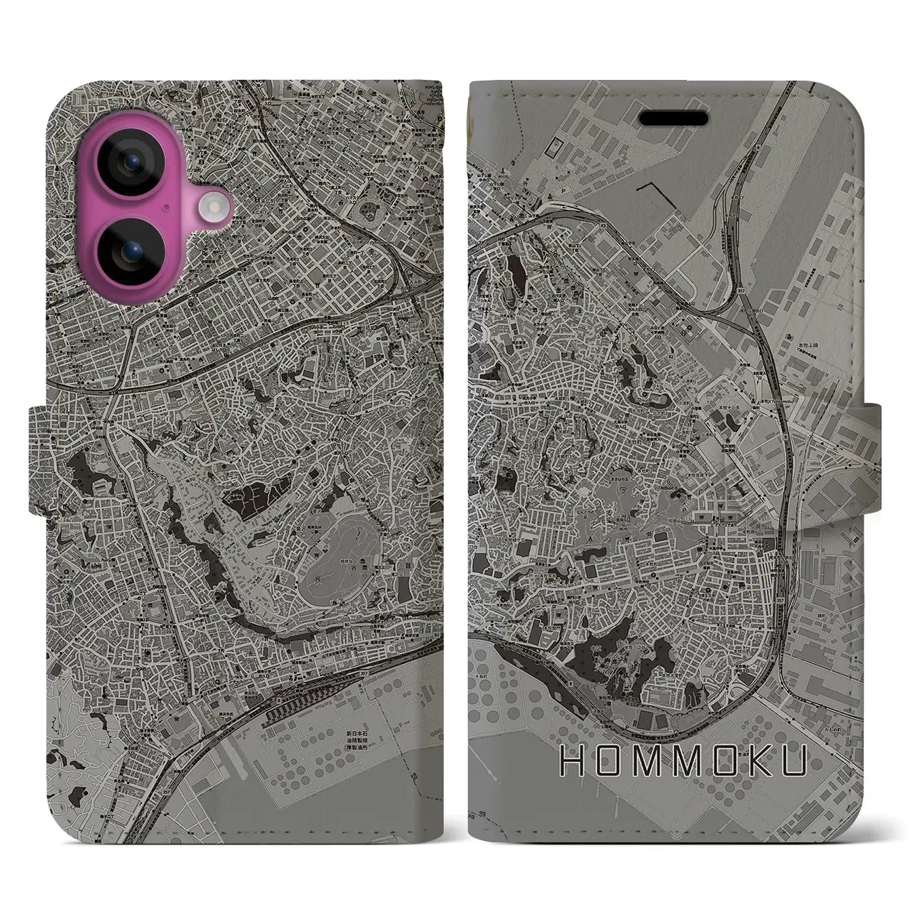 【本牧(神奈川県)】地図柄iPhoneケース(手帳タイプ)モノトーン・iPhone 16 Pro 用