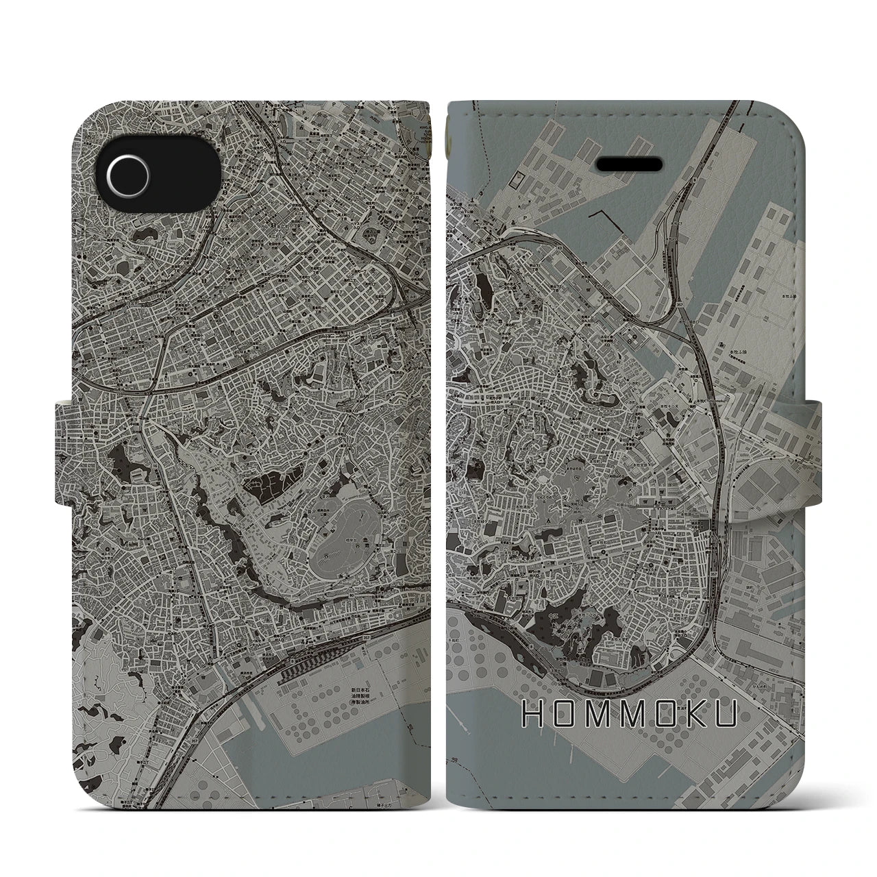 【本牧(神奈川県)】地図柄iPhoneケース(手帳タイプ)モノトーン・iPhone SE(第3 / 第2世代) / 8 / 7 / 6s / 6 用