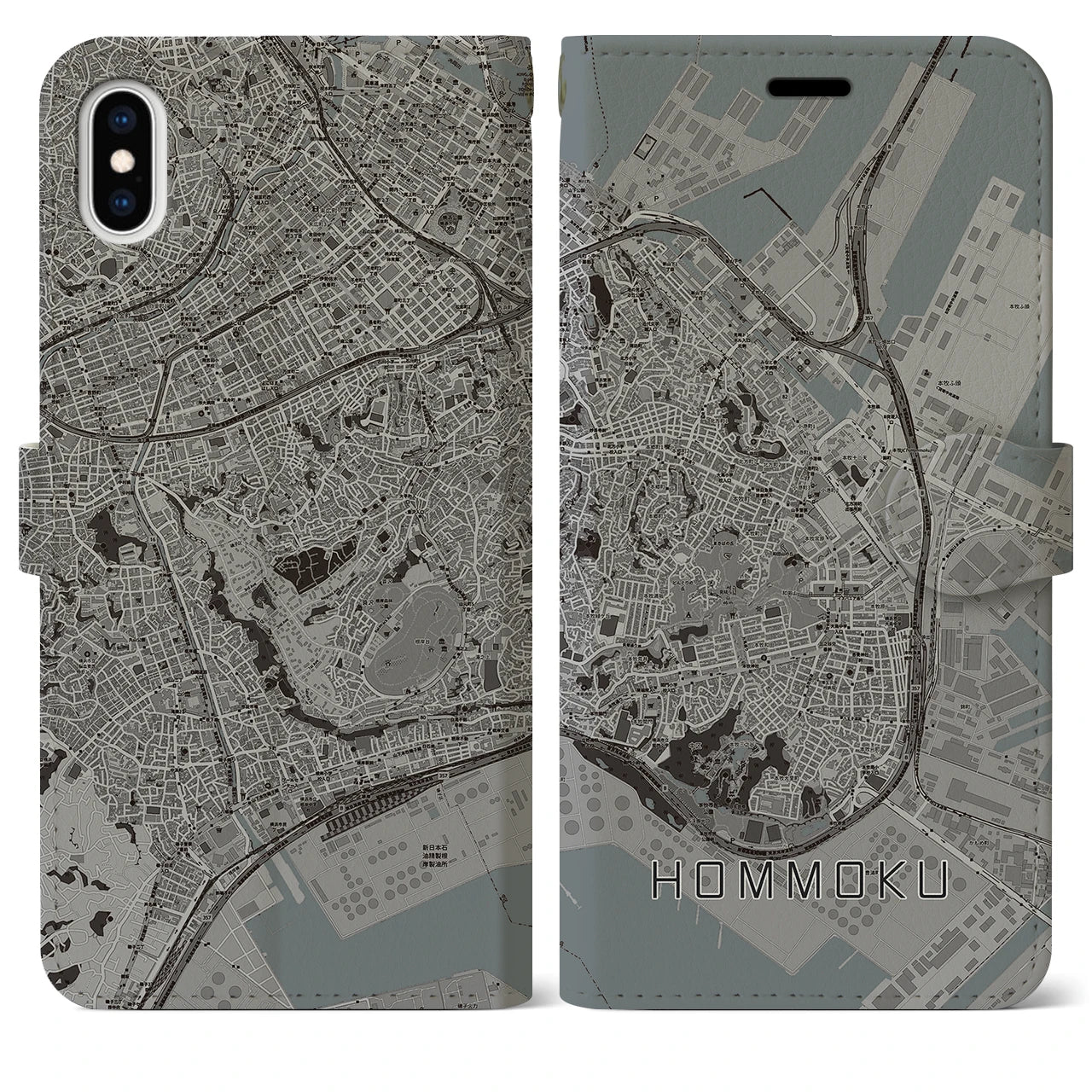 【本牧(神奈川県)】地図柄iPhoneケース(手帳タイプ)モノトーン・iPhone XS Max 用