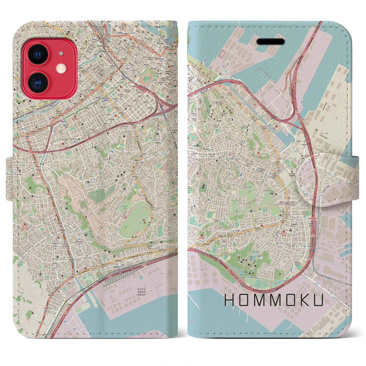 【本牧(神奈川県)】地図柄iPhoneケース(手帳タイプ)ナチュラル・iPhone 11 用