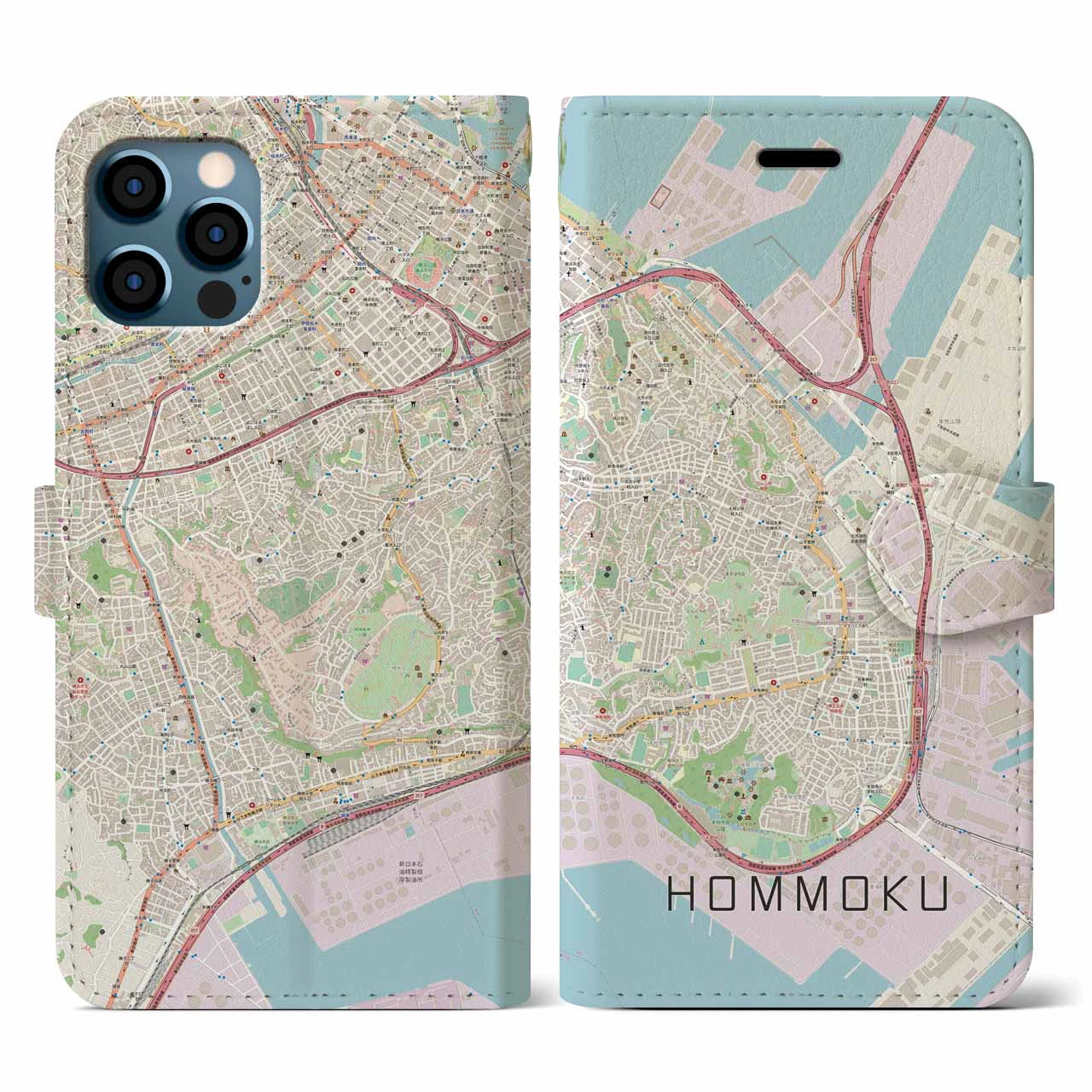 【本牧(神奈川県)】地図柄iPhoneケース(手帳タイプ)ナチュラル・iPhone 12 / 12 Pro 用