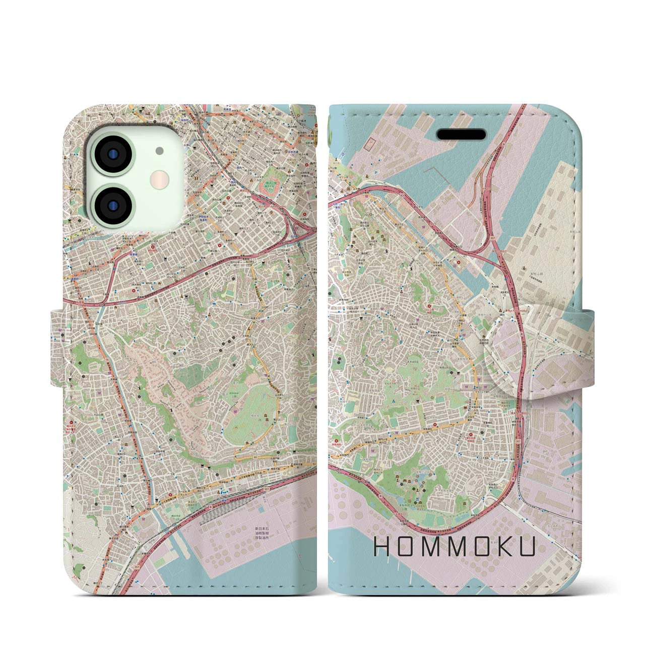 【本牧(神奈川県)】地図柄iPhoneケース(手帳タイプ)ナチュラル・iPhone 12 mini 用