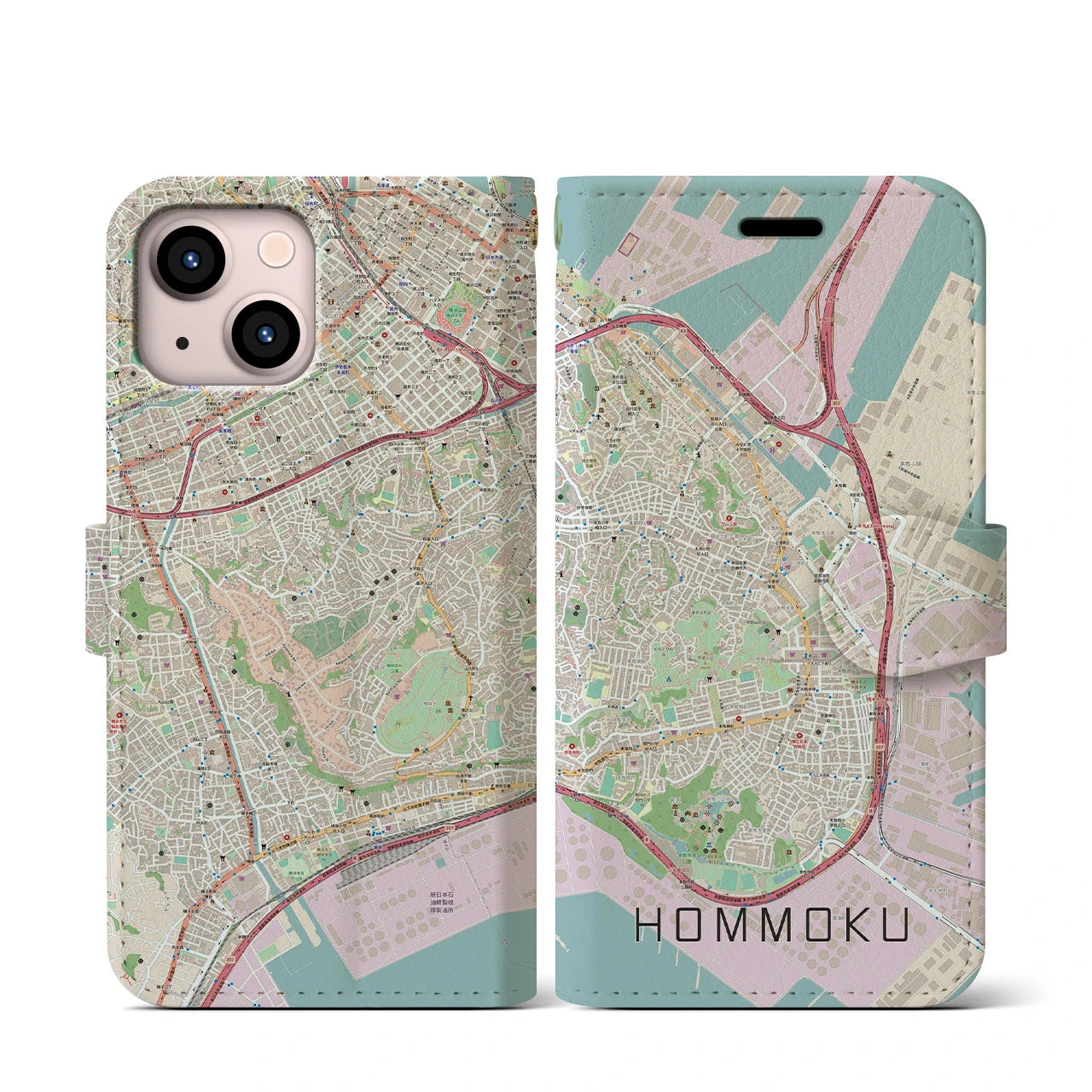 【本牧(神奈川県)】地図柄iPhoneケース(手帳タイプ)ナチュラル・iPhone 13 mini 用