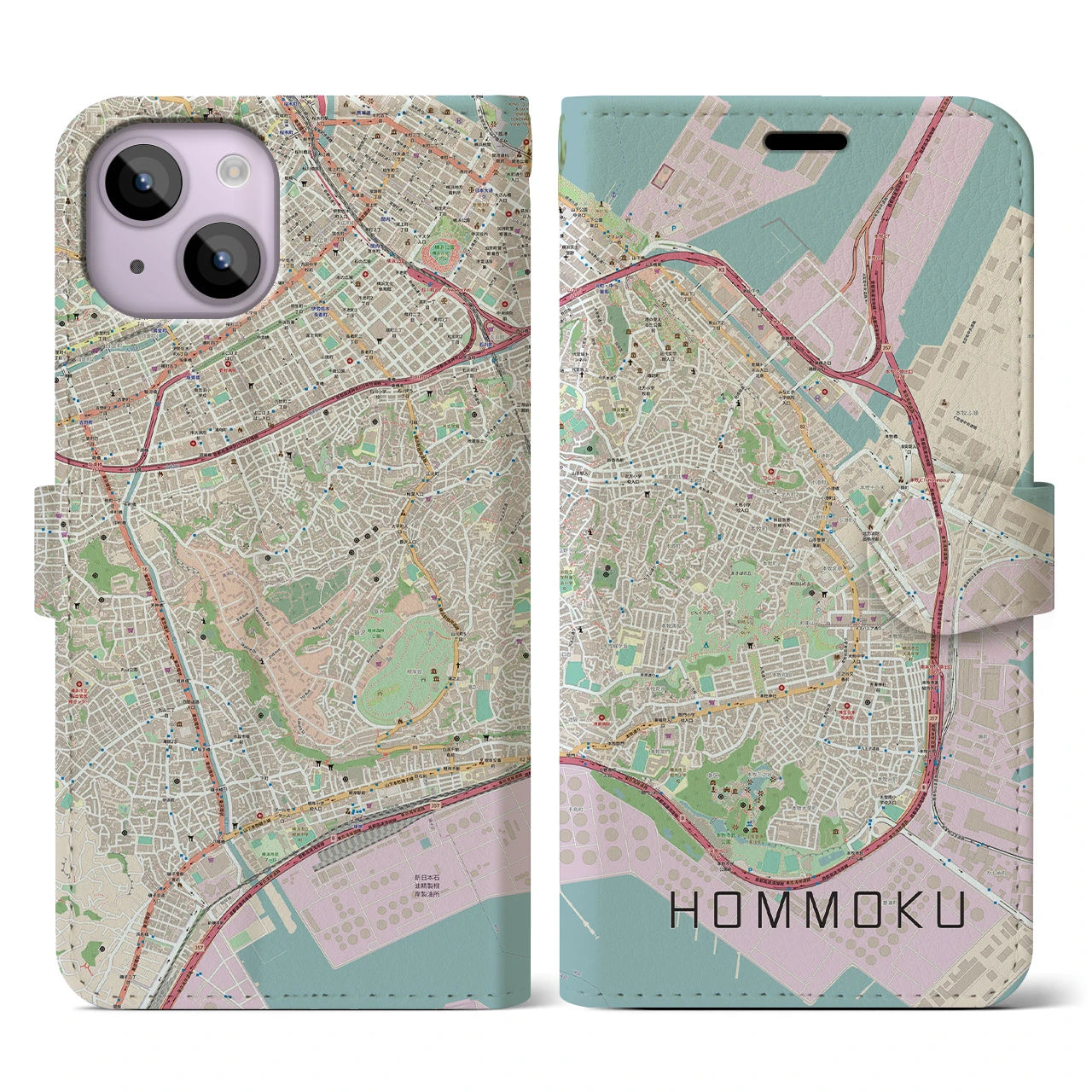 【本牧(神奈川県)】地図柄iPhoneケース(手帳タイプ)ナチュラル・iPhone 14 用