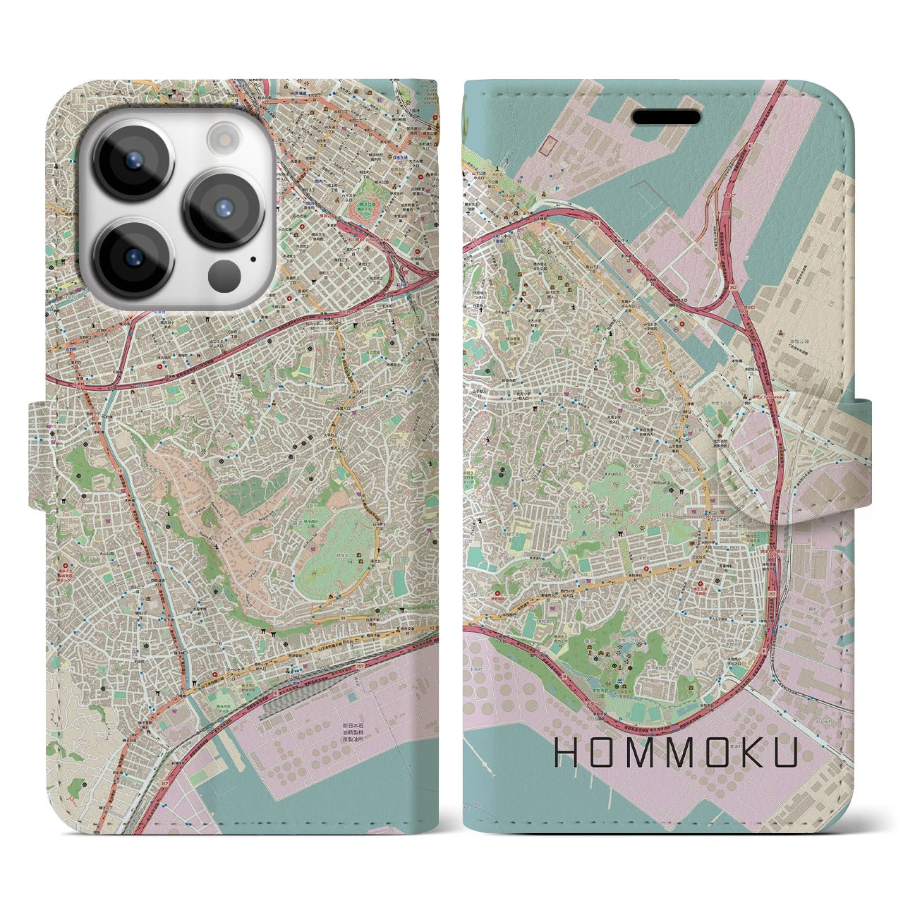 【本牧(神奈川県)】地図柄iPhoneケース(手帳タイプ)ナチュラル・iPhone 14 Pro 用