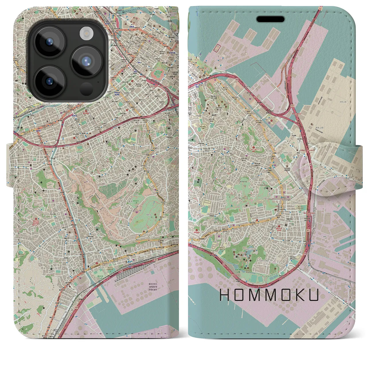 【本牧(神奈川県)】地図柄iPhoneケース(手帳タイプ)ナチュラル・iPhone 15 Pro Max 用