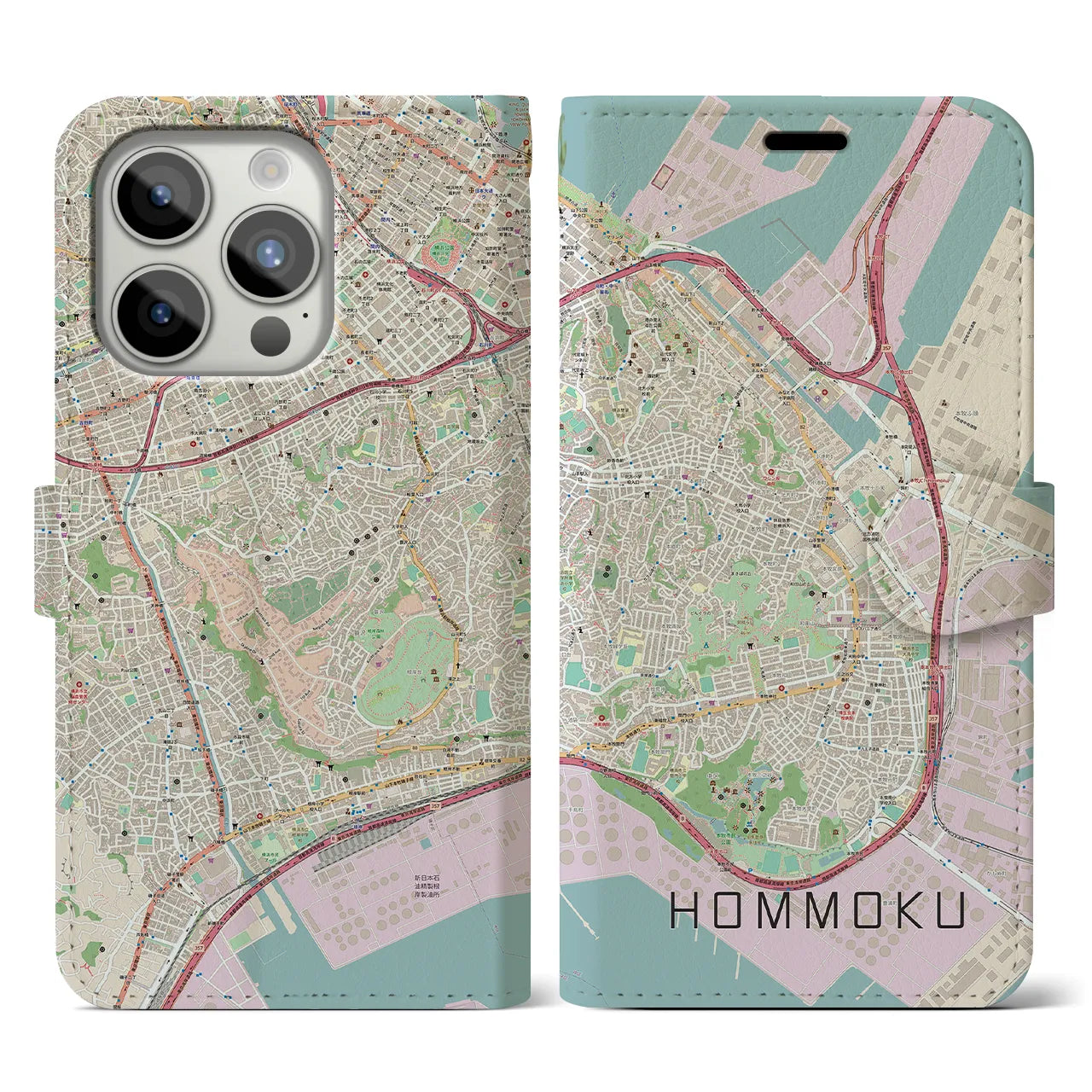 【本牧(神奈川県)】地図柄iPhoneケース(手帳タイプ)ナチュラル・iPhone 15 Pro 用