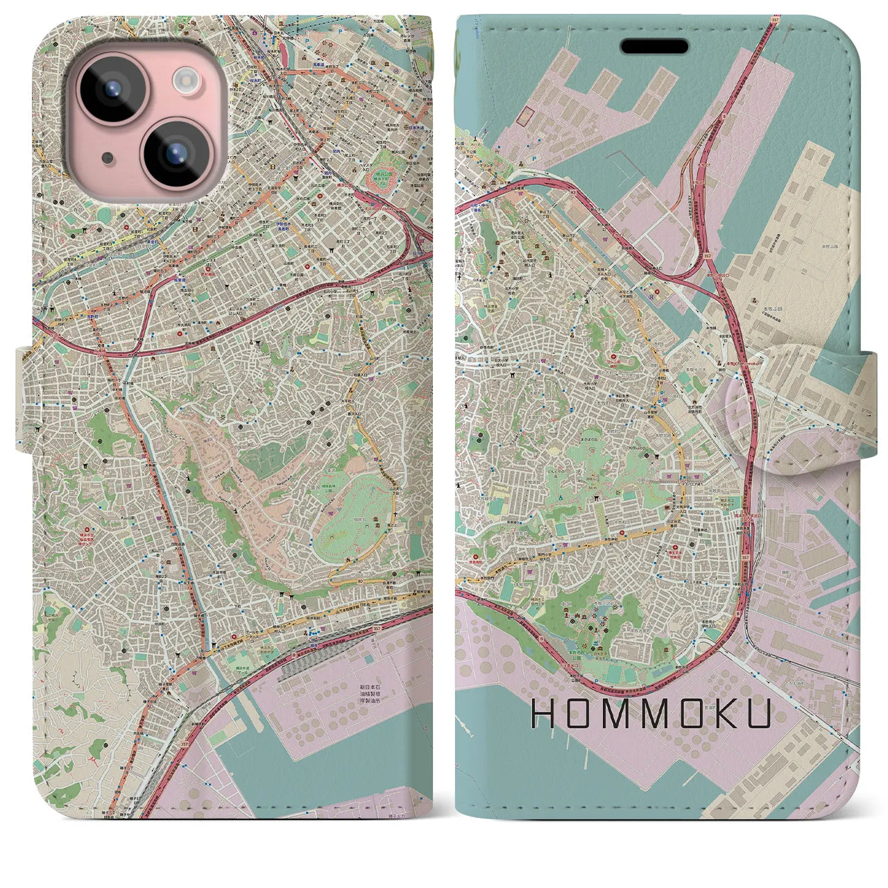 【本牧(神奈川県)】地図柄iPhoneケース(手帳タイプ)ナチュラル・iPhone 15 Plus 用