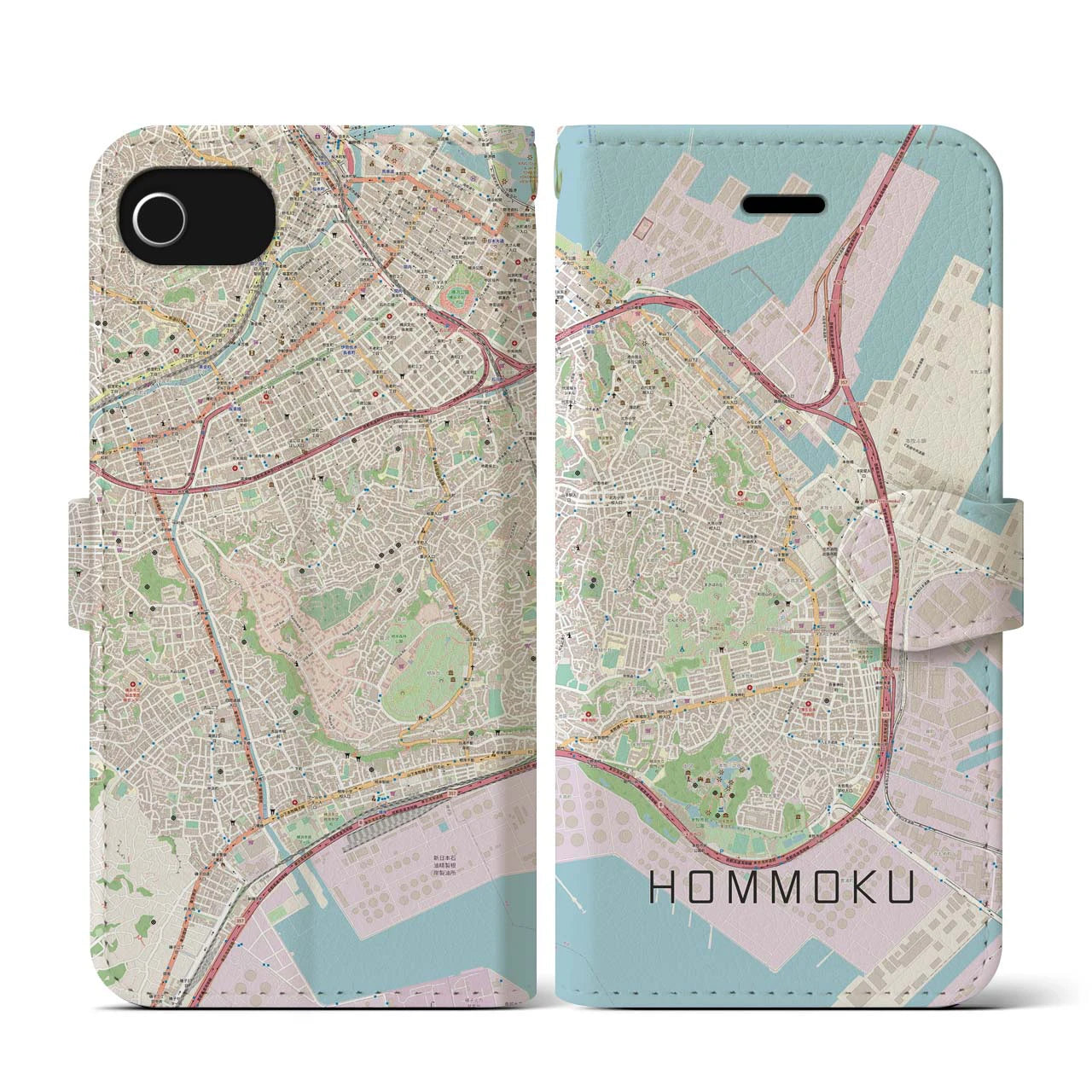 【本牧(神奈川県)】地図柄iPhoneケース(手帳タイプ)ナチュラル・iPhone SE(第3 / 第2世代) / 8 / 7 / 6s / 6 用