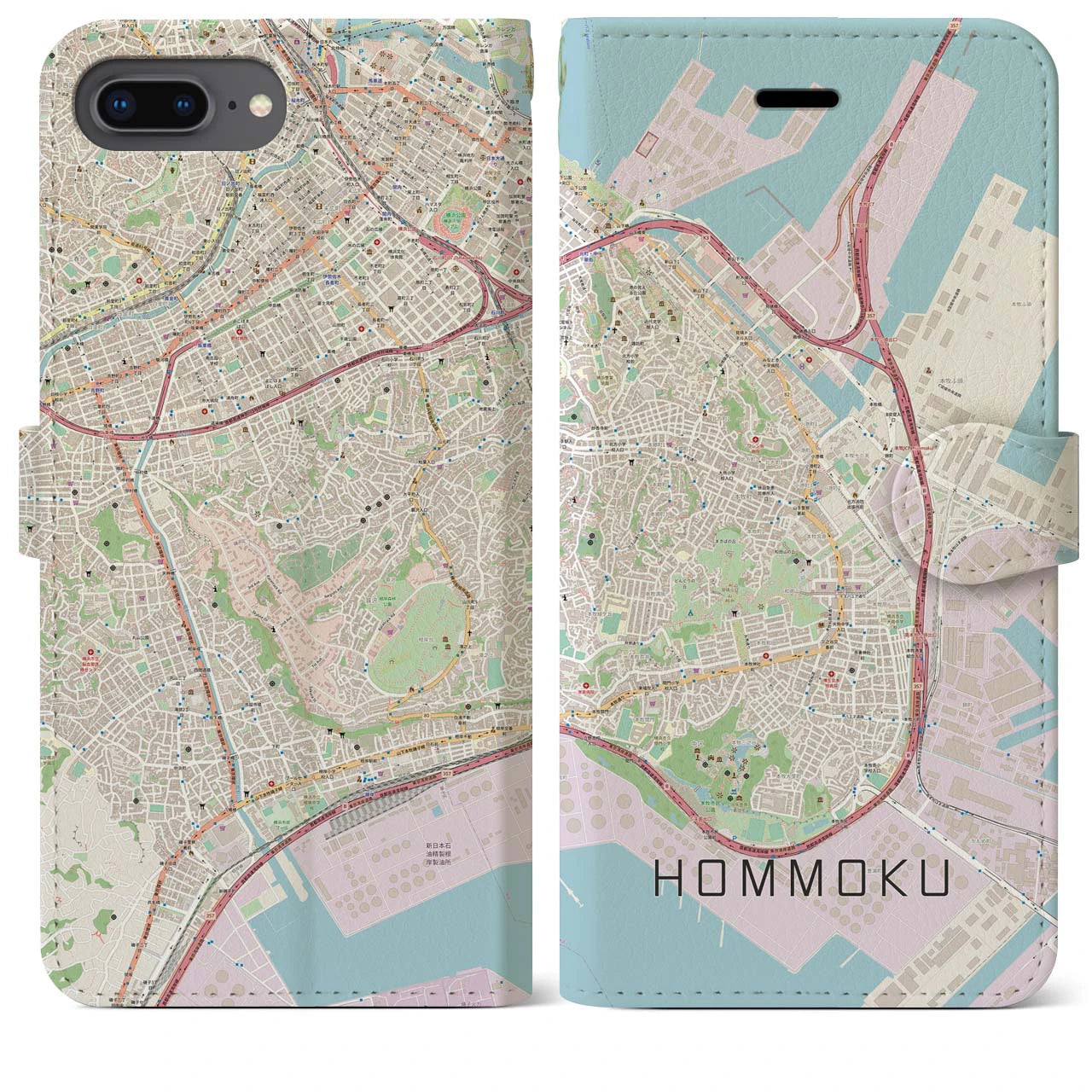 【本牧(神奈川県)】地図柄iPhoneケース(手帳タイプ)ナチュラル・iPhone 8Plus /7Plus / 6sPlus / 6Plus 用