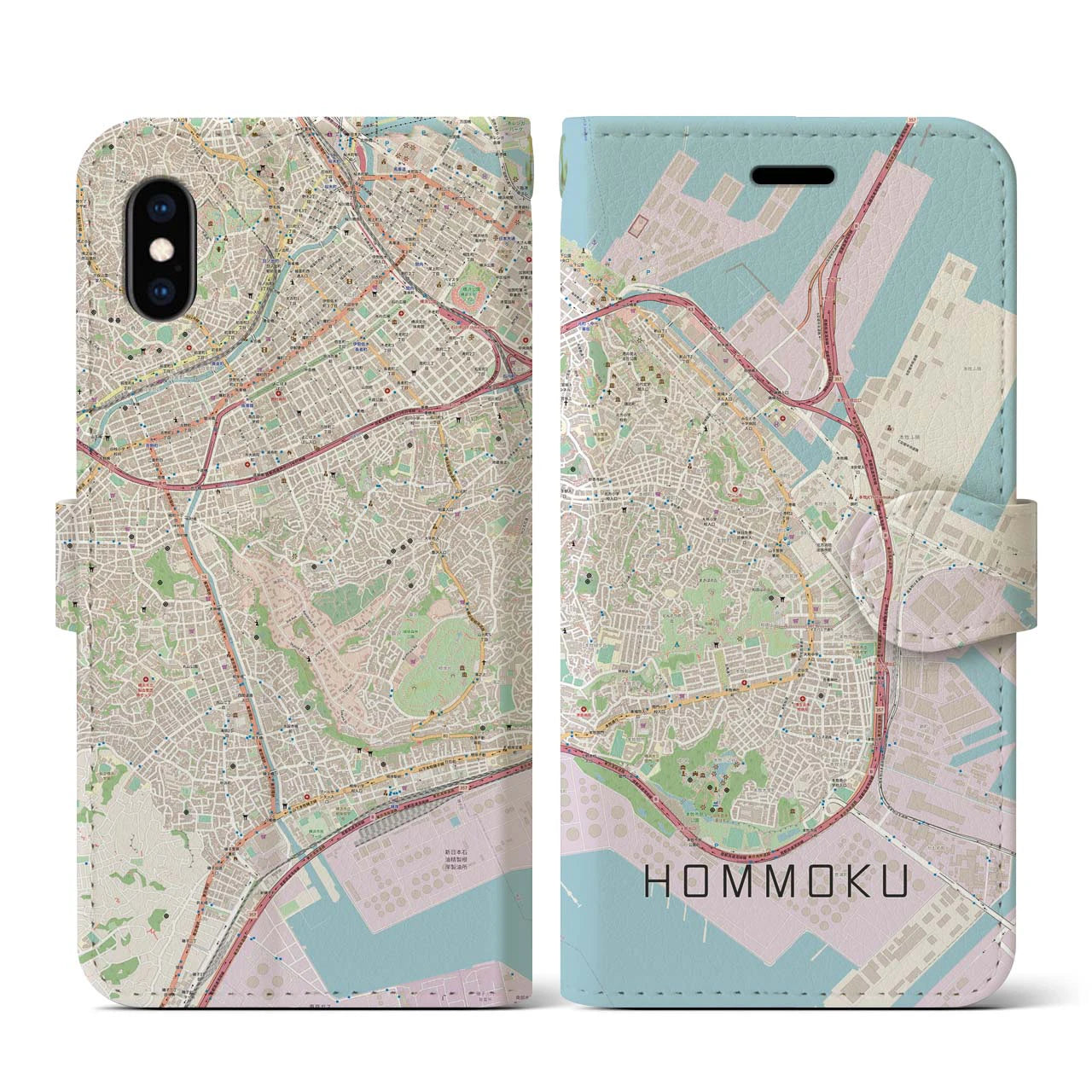 【本牧(神奈川県)】地図柄iPhoneケース(手帳タイプ)ナチュラル・iPhone XS / X 用