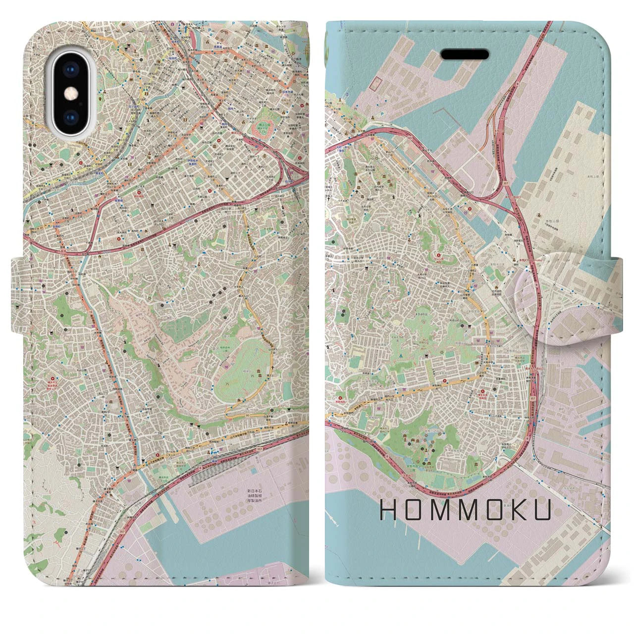 【本牧(神奈川県)】地図柄iPhoneケース(手帳タイプ)ナチュラル・iPhone XS Max 用