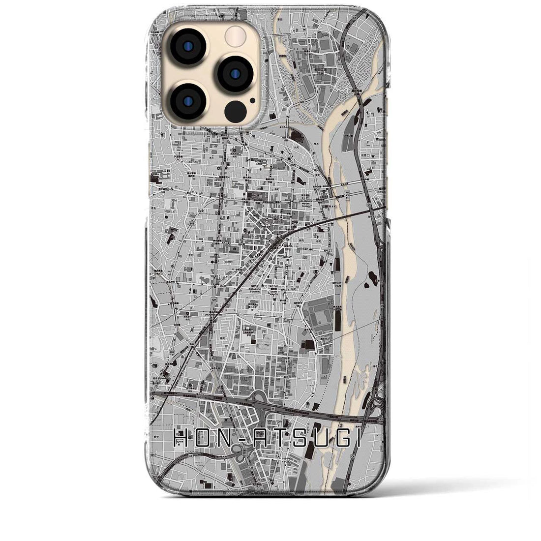 【本厚木(神奈川県)】地図柄iPhoneケース(クリアタイプ)モノトーン・iPhone 12 Pro Max 用