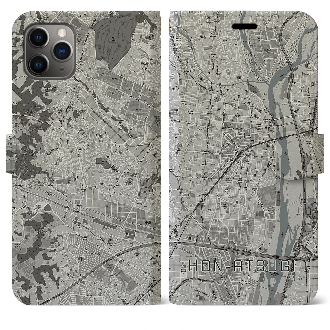 【本厚木(神奈川県)】地図柄iPhoneケース(手帳タイプ)モノトーン・iPhone 11 Pro Max 用