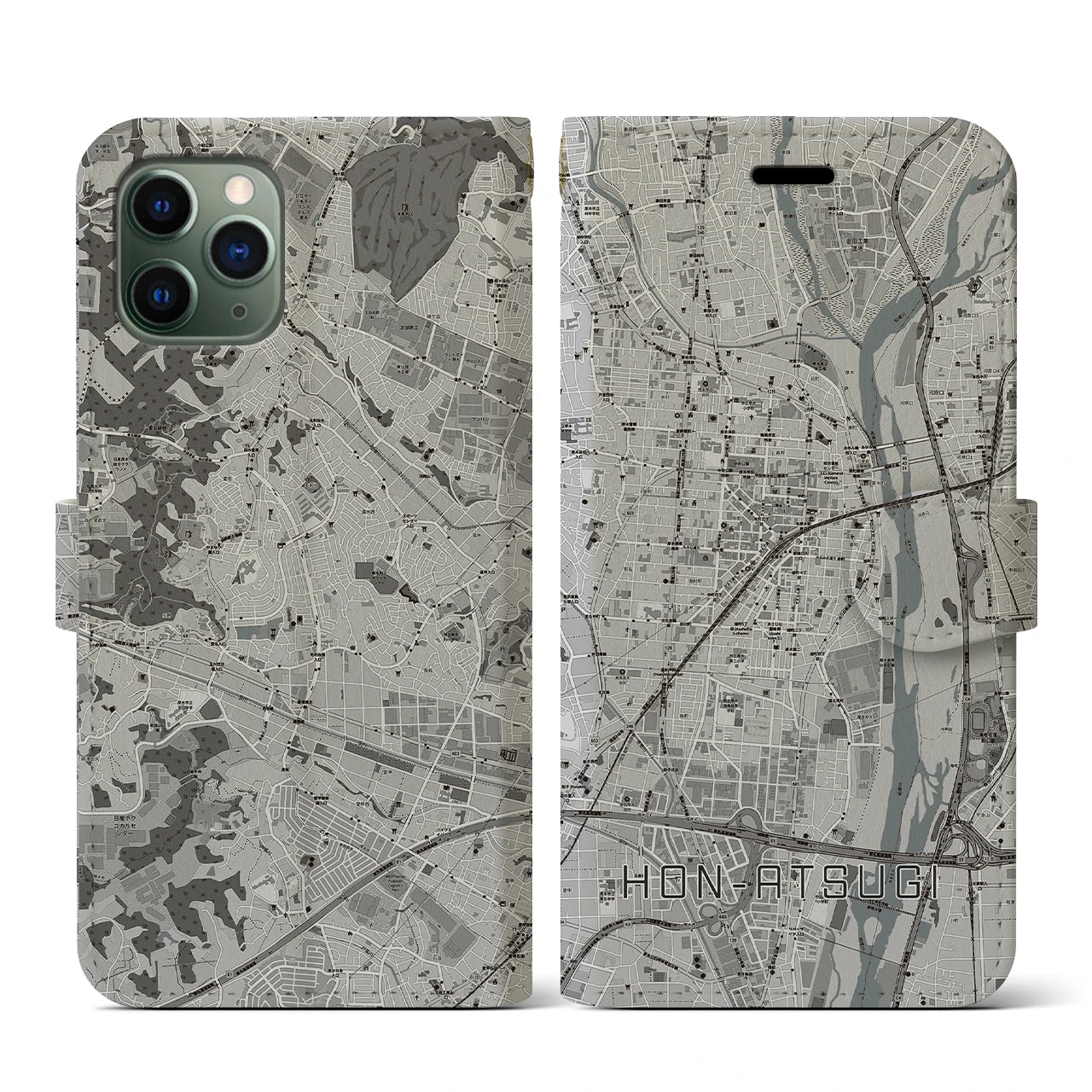 【本厚木(神奈川県)】地図柄iPhoneケース(手帳タイプ)モノトーン・iPhone 11 Pro 用