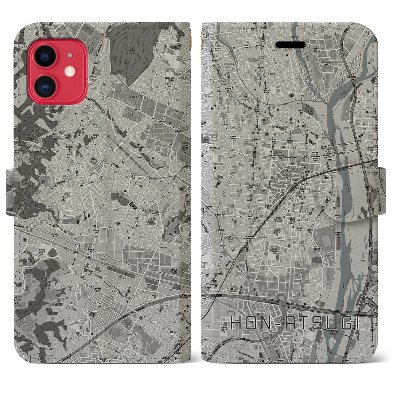 【本厚木(神奈川県)】地図柄iPhoneケース(手帳タイプ)モノトーン・iPhone 11 用