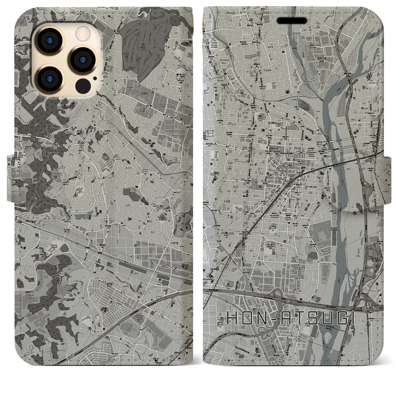 【本厚木(神奈川県)】地図柄iPhoneケース(手帳タイプ)モノトーン・iPhone 12 Pro Max 用
